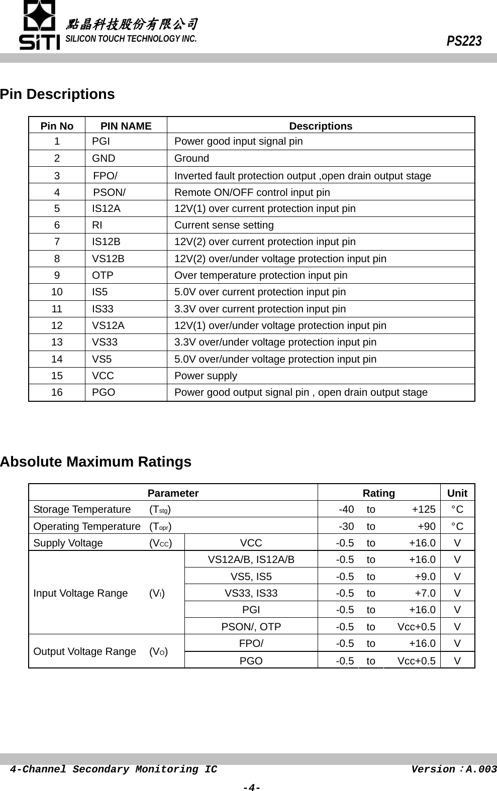 Page 5 of 12 - PS223 - Datasheet. Www.s-manuals.com. Ps222 Ra.003 Silicon Touch