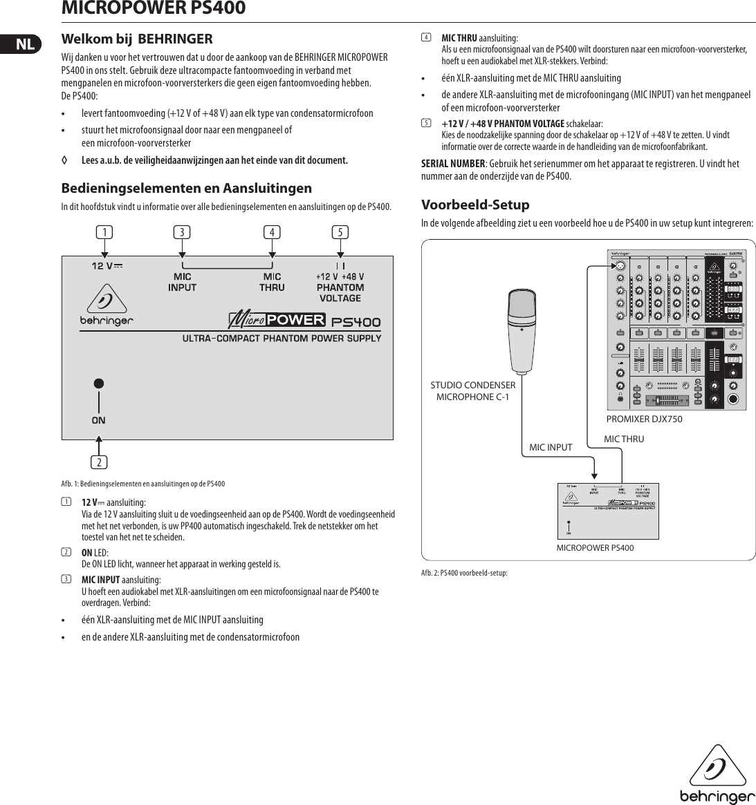 Page 1 of 2 - MICROPOWER PS400 Behringer User Manual (Dutch) P0489 M Nl