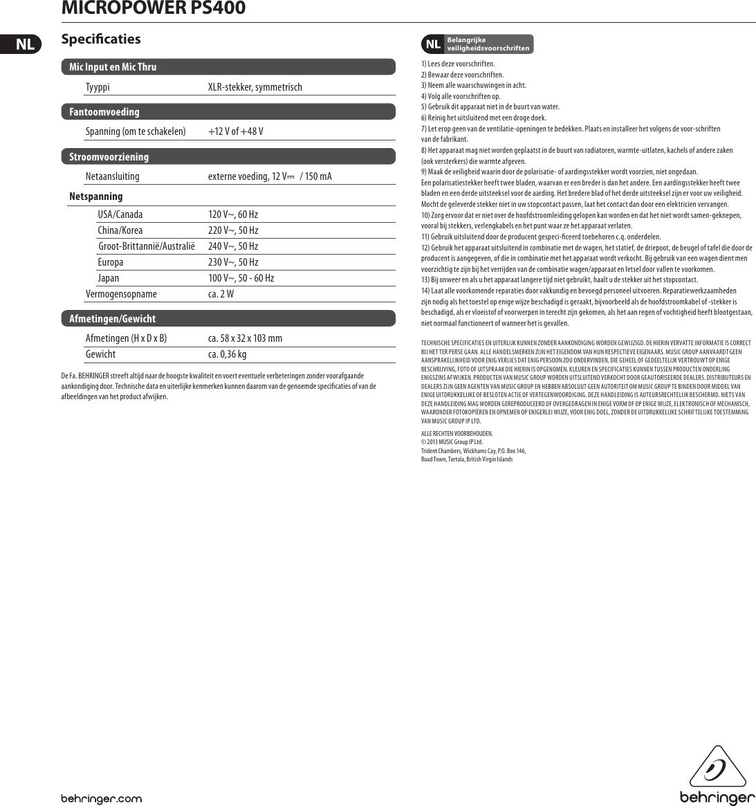 Page 2 of 2 - MICROPOWER PS400 Behringer User Manual (Dutch) P0489 M Nl