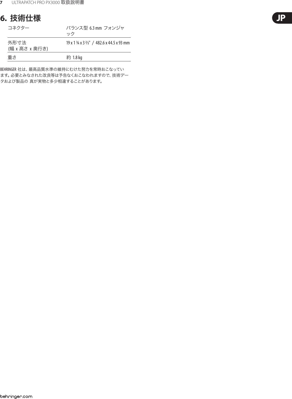 Page 7 of 8 - ULTRAPATCH PRO PX3000 Behringer User Manual (Japanese) P0268 M Jp