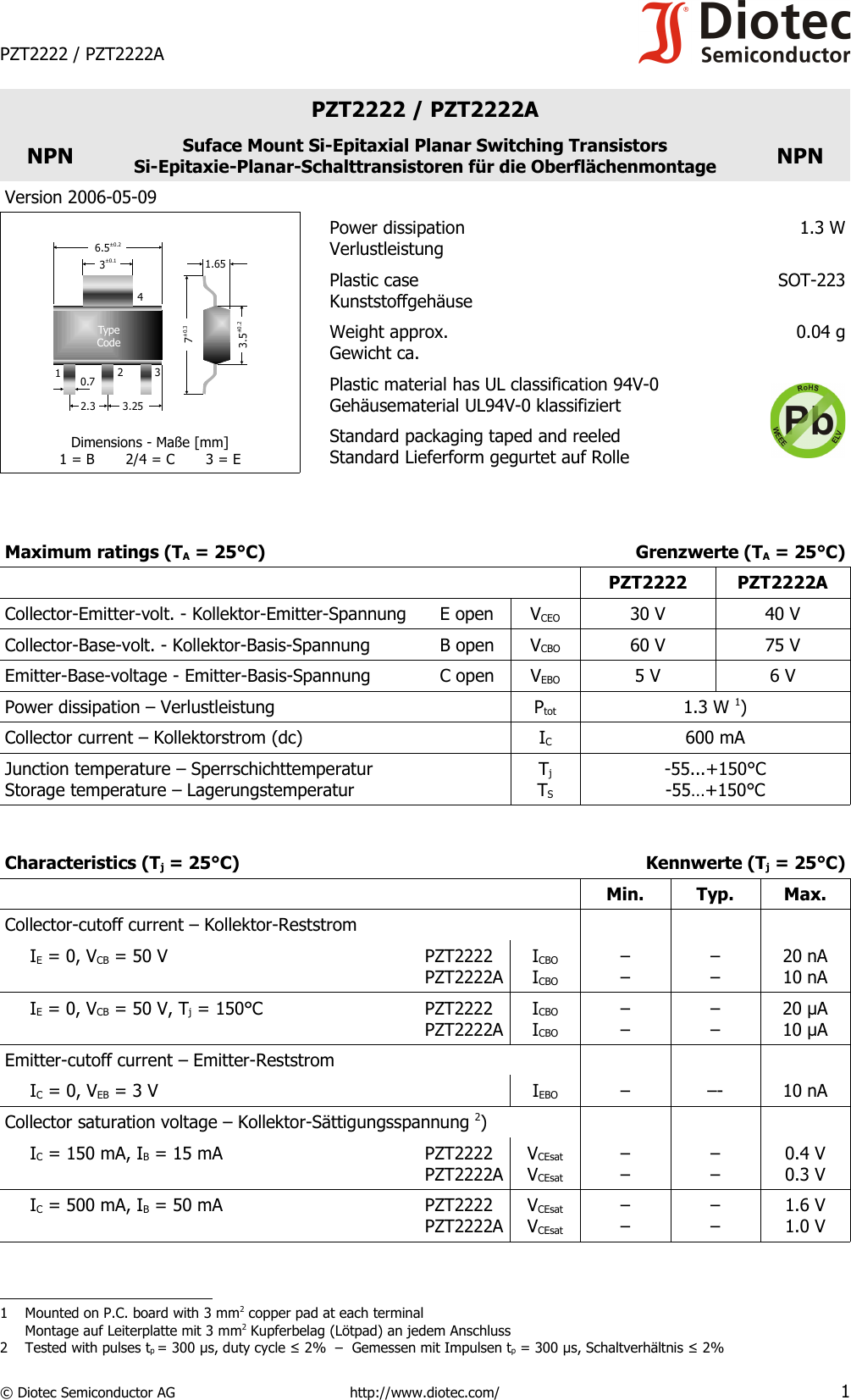 Page 1 of 3 - PZT2222, PZT2222A - Datasheet. Www.s-manuals.com. 20060509 Diotec