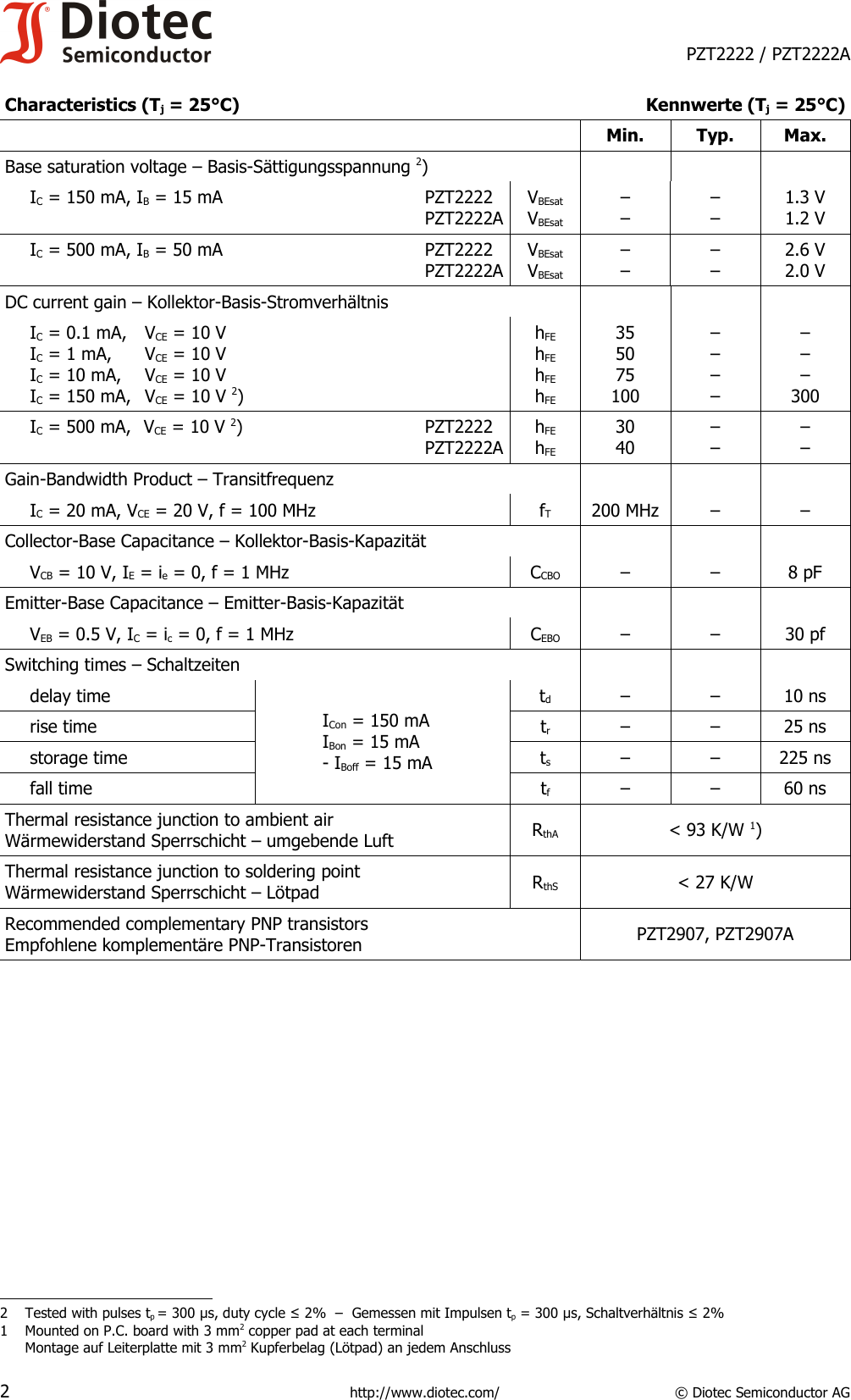 Page 2 of 3 - PZT2222, PZT2222A - Datasheet. Www.s-manuals.com. 20060509 Diotec