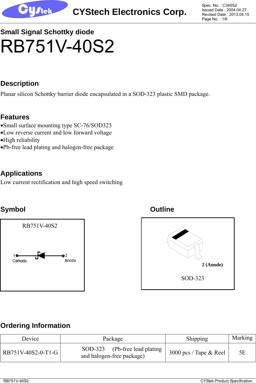 Page 1 of 7 - RB751V-40S2 - Datasheet. Www.s-manuals.com. Cystek