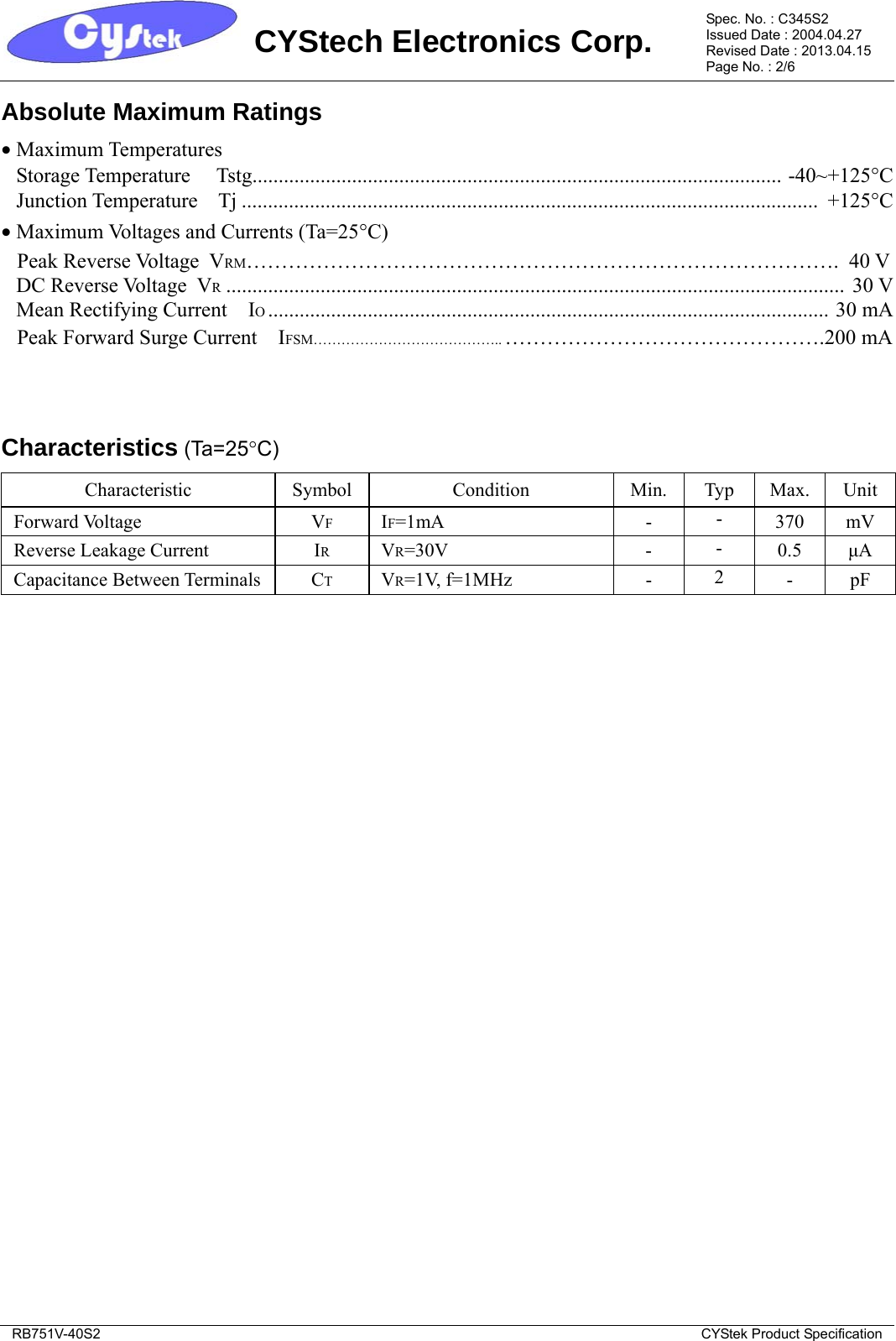 Page 2 of 7 - RB751V-40S2 - Datasheet. Www.s-manuals.com. Cystek