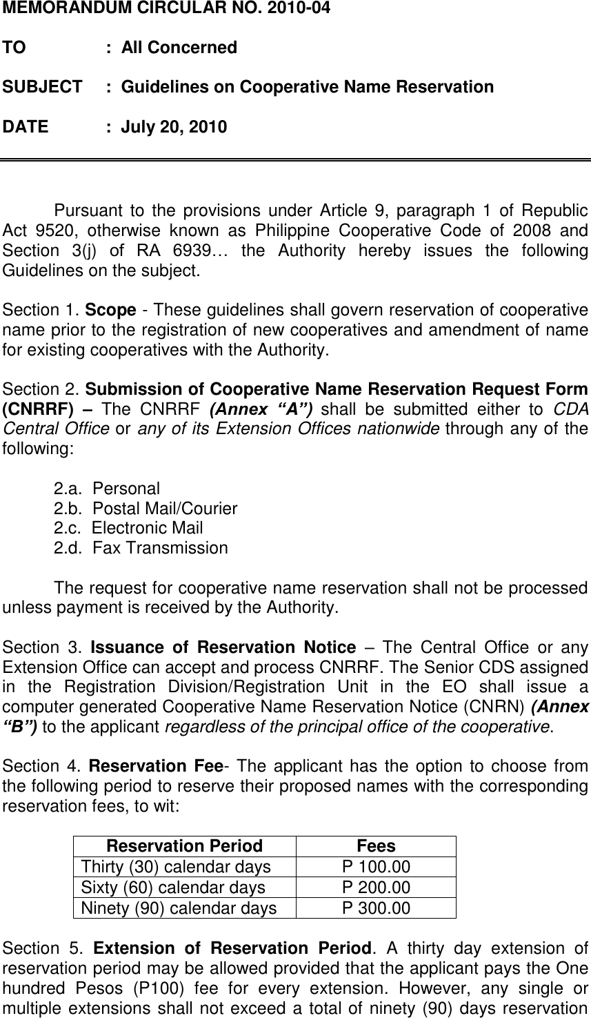 Page 1 of 2 - MEMORANDUM CIRCULAR Reservation Guide