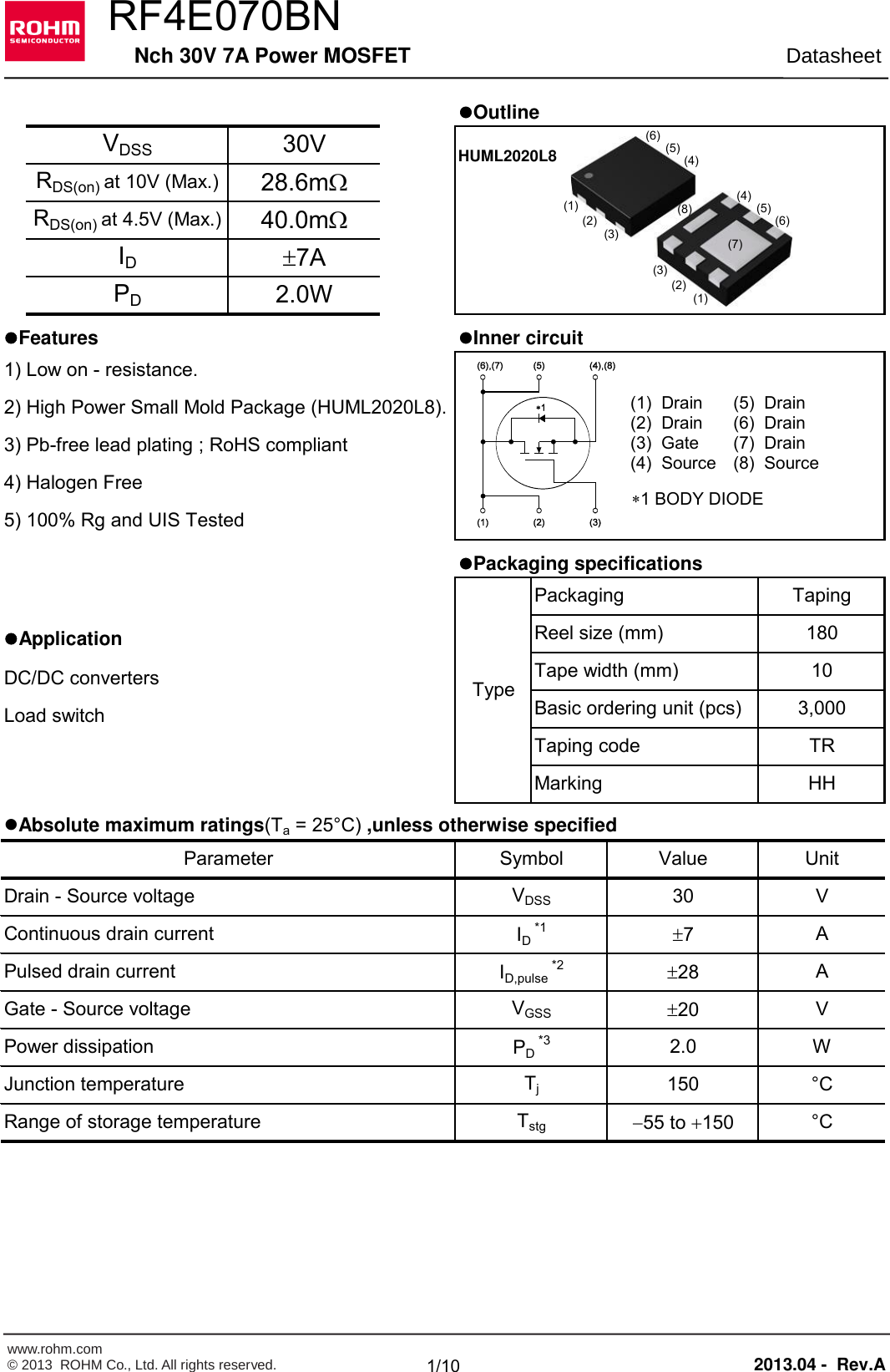 Page 1 of 12 - RF4E070BN - Datasheet. Www.s-manuals.com. Rohm