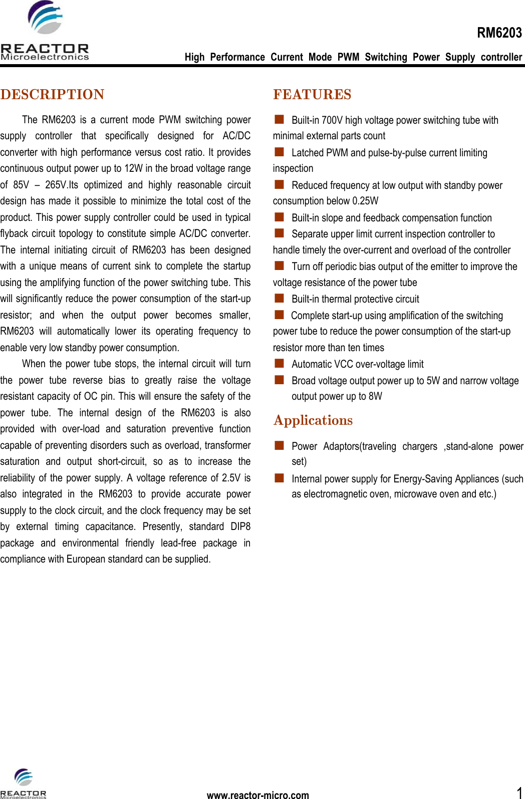 Page 1 of 8 - RM6203 - Datasheet. Www.s-manuals.com. Reactor