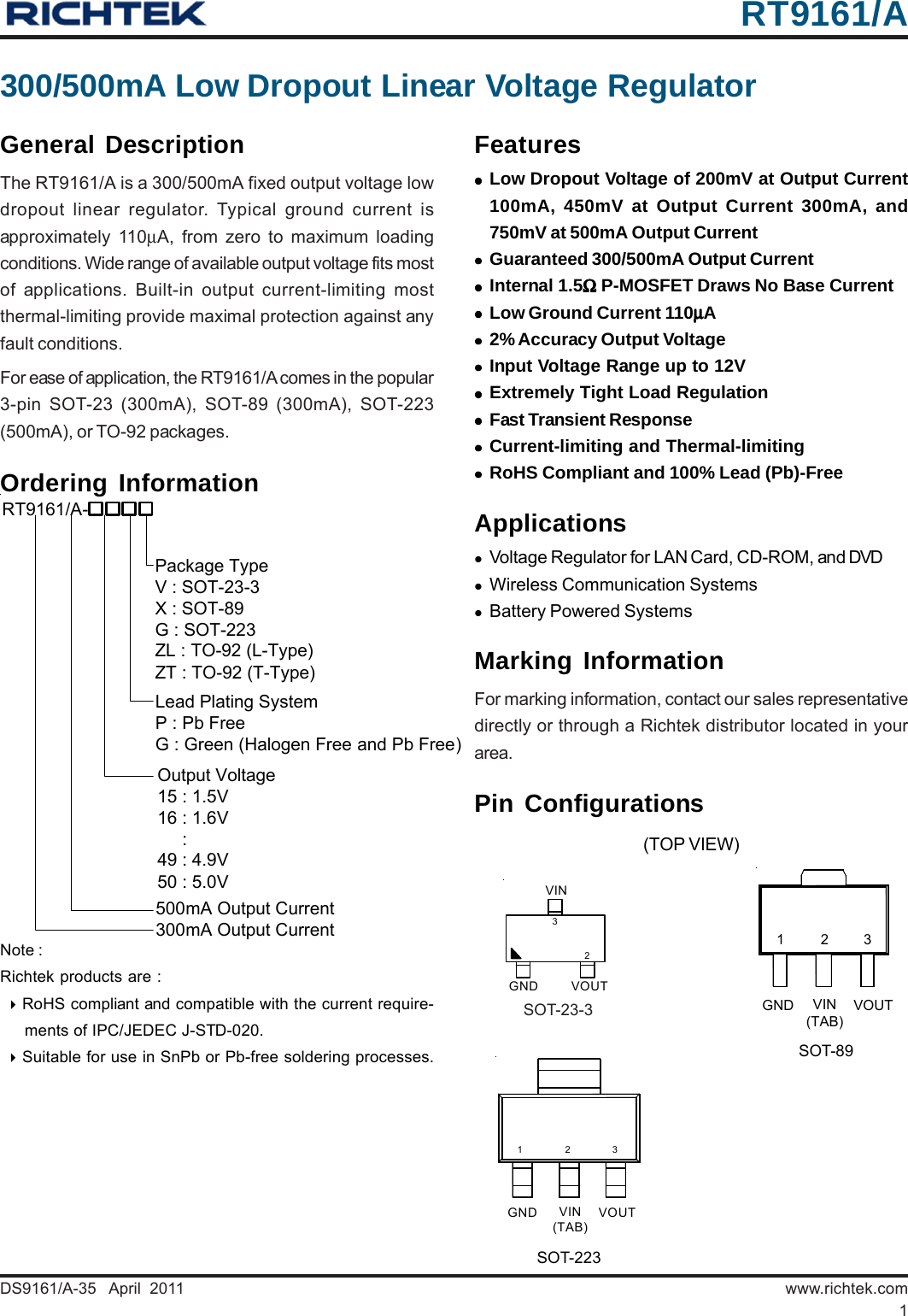 Page 1 of 11 - RT9161, RT9161A - Datasheet. Www.s-manuals.com. Richtek