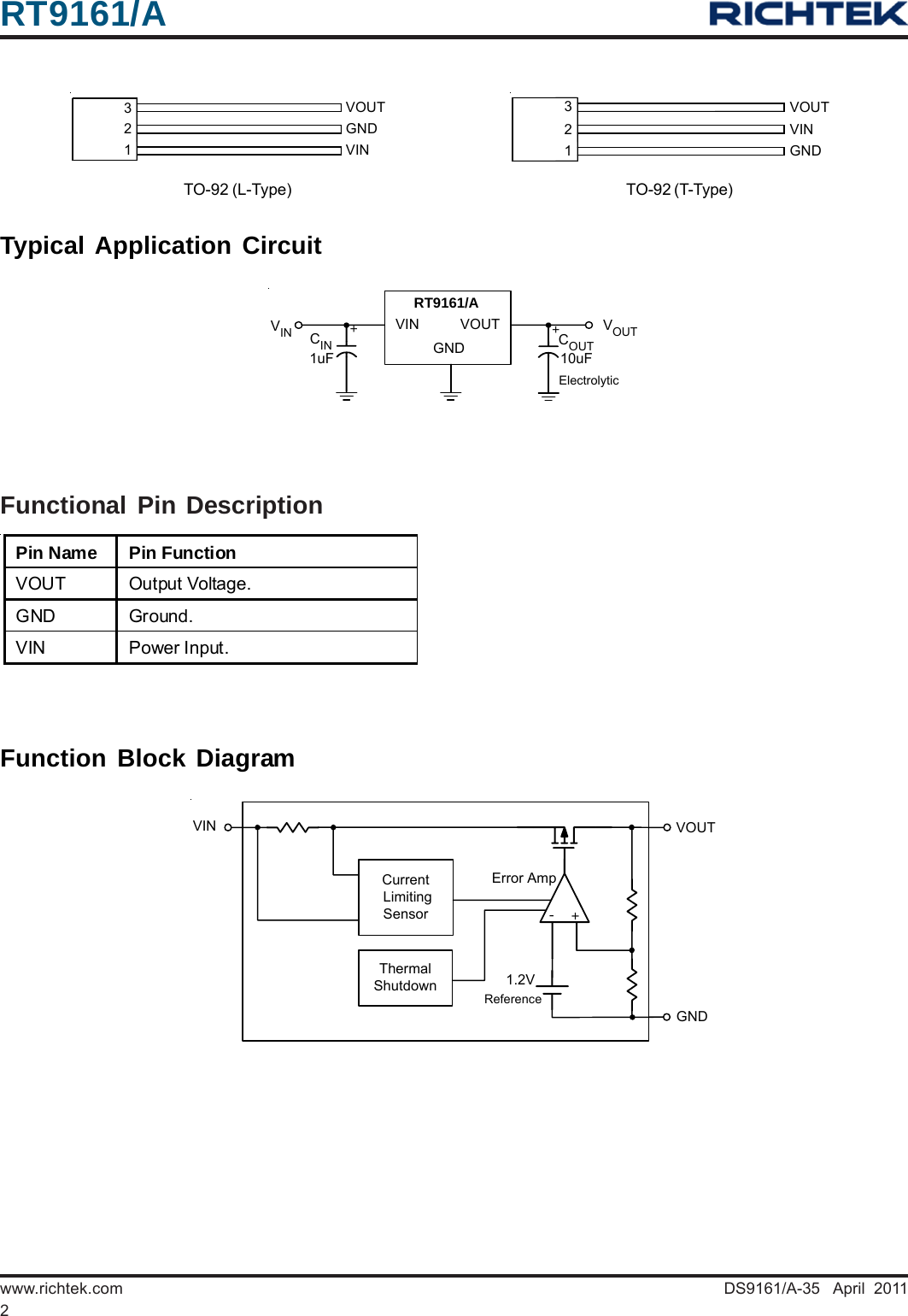 Page 2 of 11 - RT9161, RT9161A - Datasheet. Www.s-manuals.com. Richtek