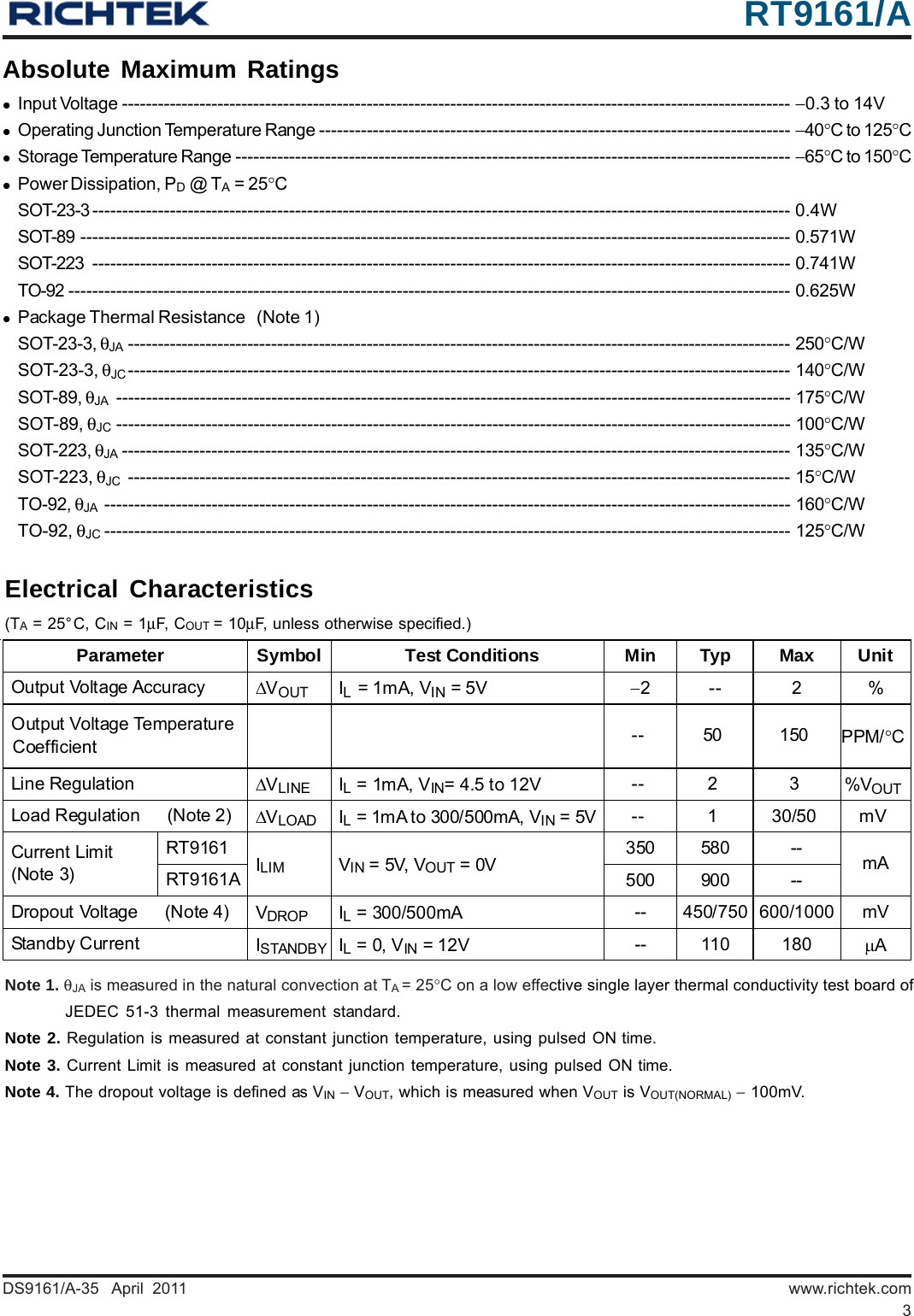 Page 3 of 11 - RT9161, RT9161A - Datasheet. Www.s-manuals.com. Richtek