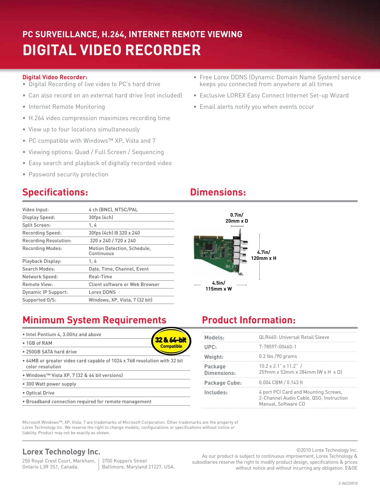 Page 2 of 2 - LOREX QLR460 Series SPEC SHEET S10120-product-specifications