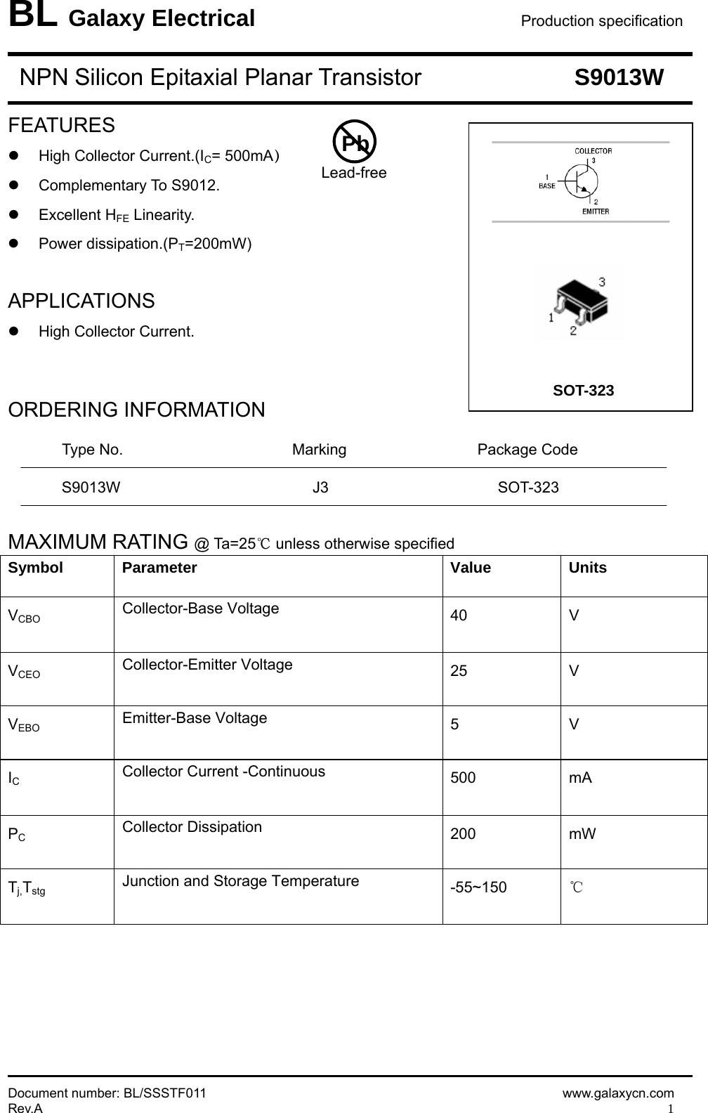 Page 1 of 5 - S9013W - Datasheet. Www.s-manuals.com. Galaxy