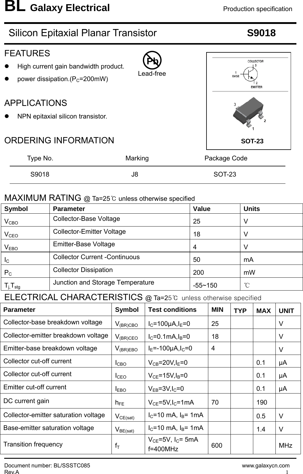 Page 1 of 4 - S9018 - Datasheet. Www.s-manuals.com. Galaxy