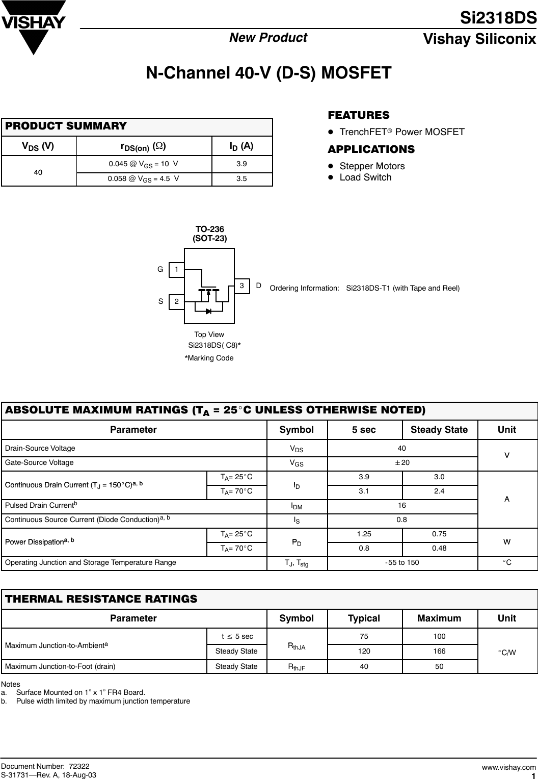 Page 1 of 6 - Si2318DS - Datasheet. Www.s-manuals.com. Vishay