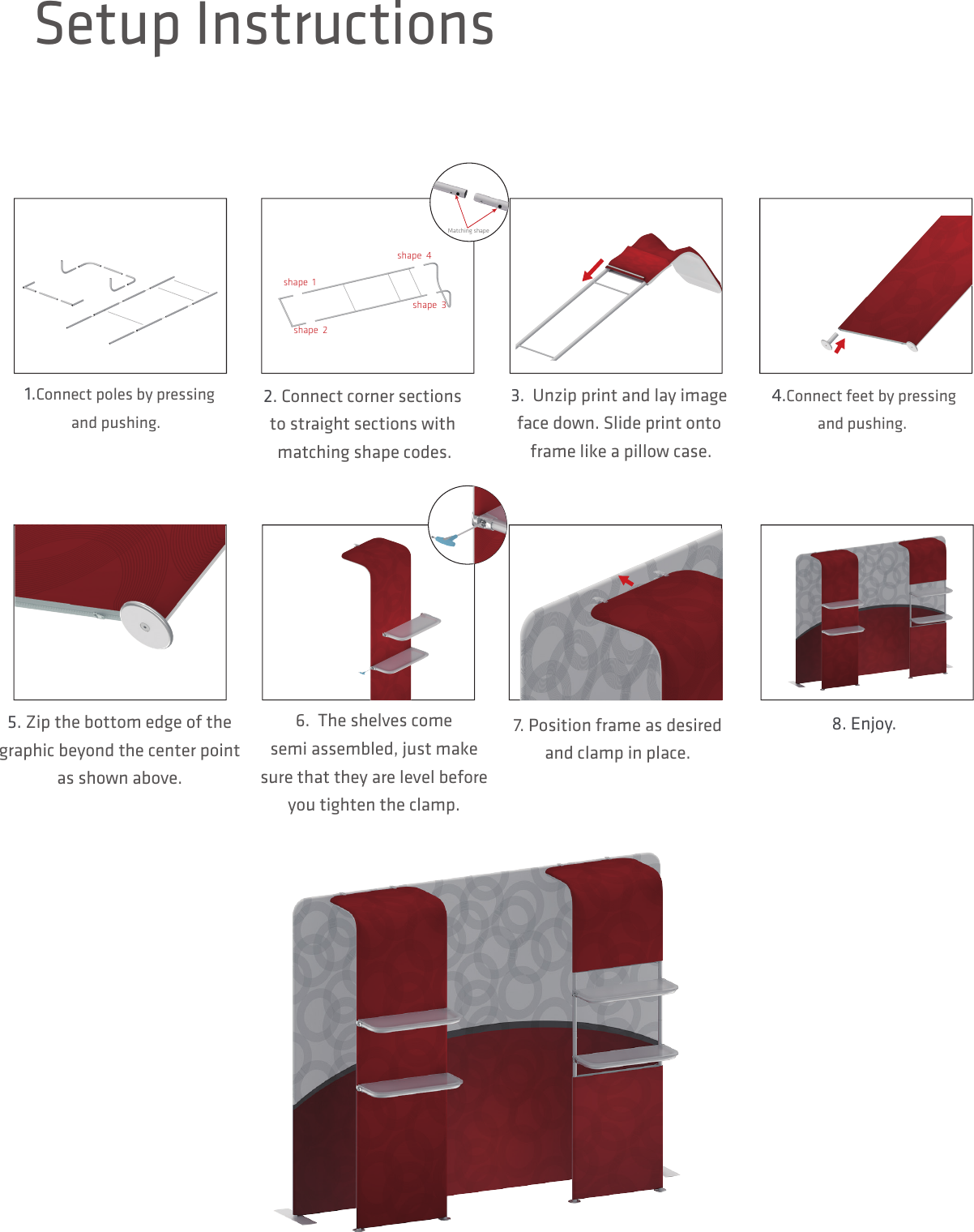 Signature waterfall graphic panel with display shelves setup instructions