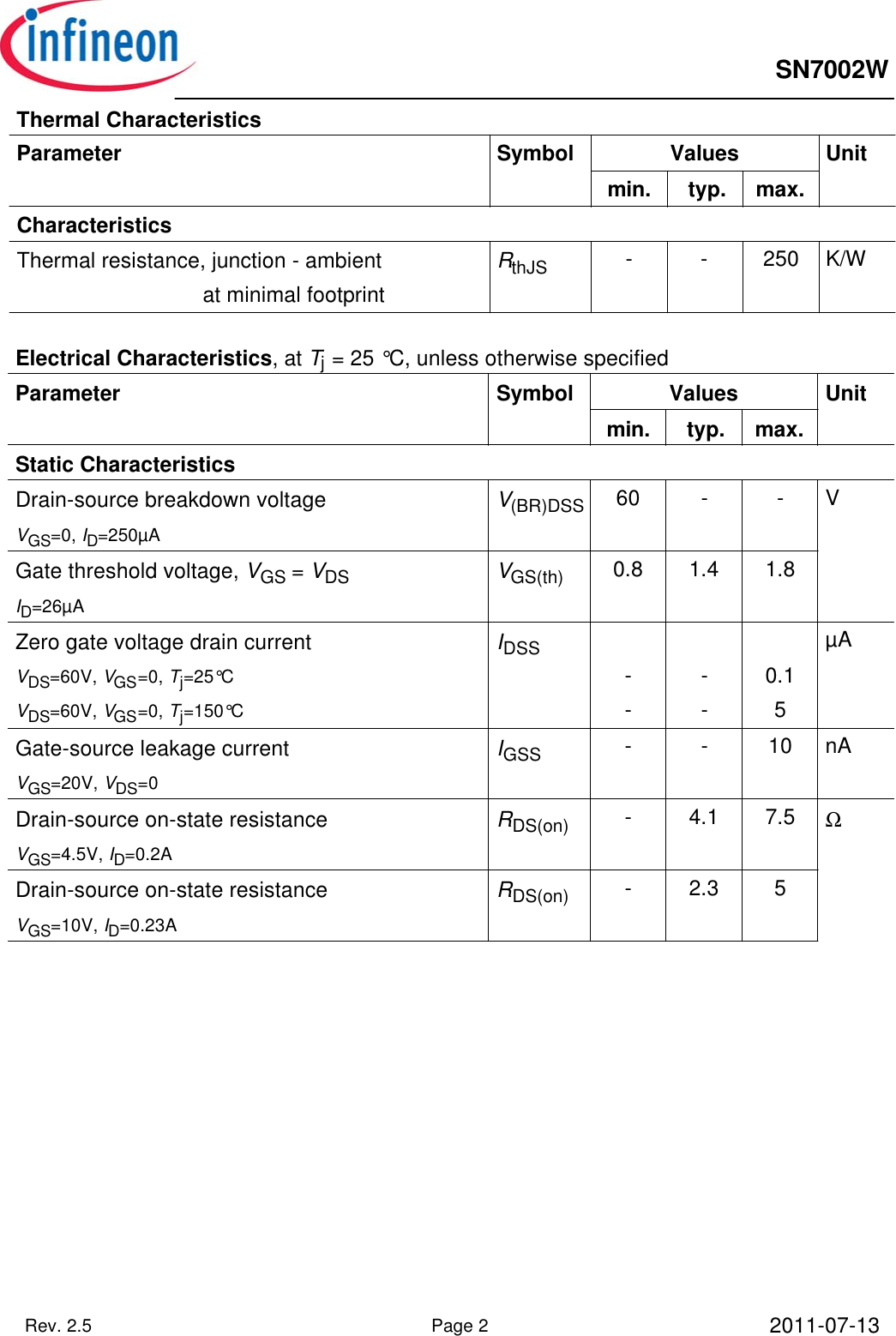 Page 2 of 9 - SN7002W - Datasheet. Www.s-manuals.com. Infineon