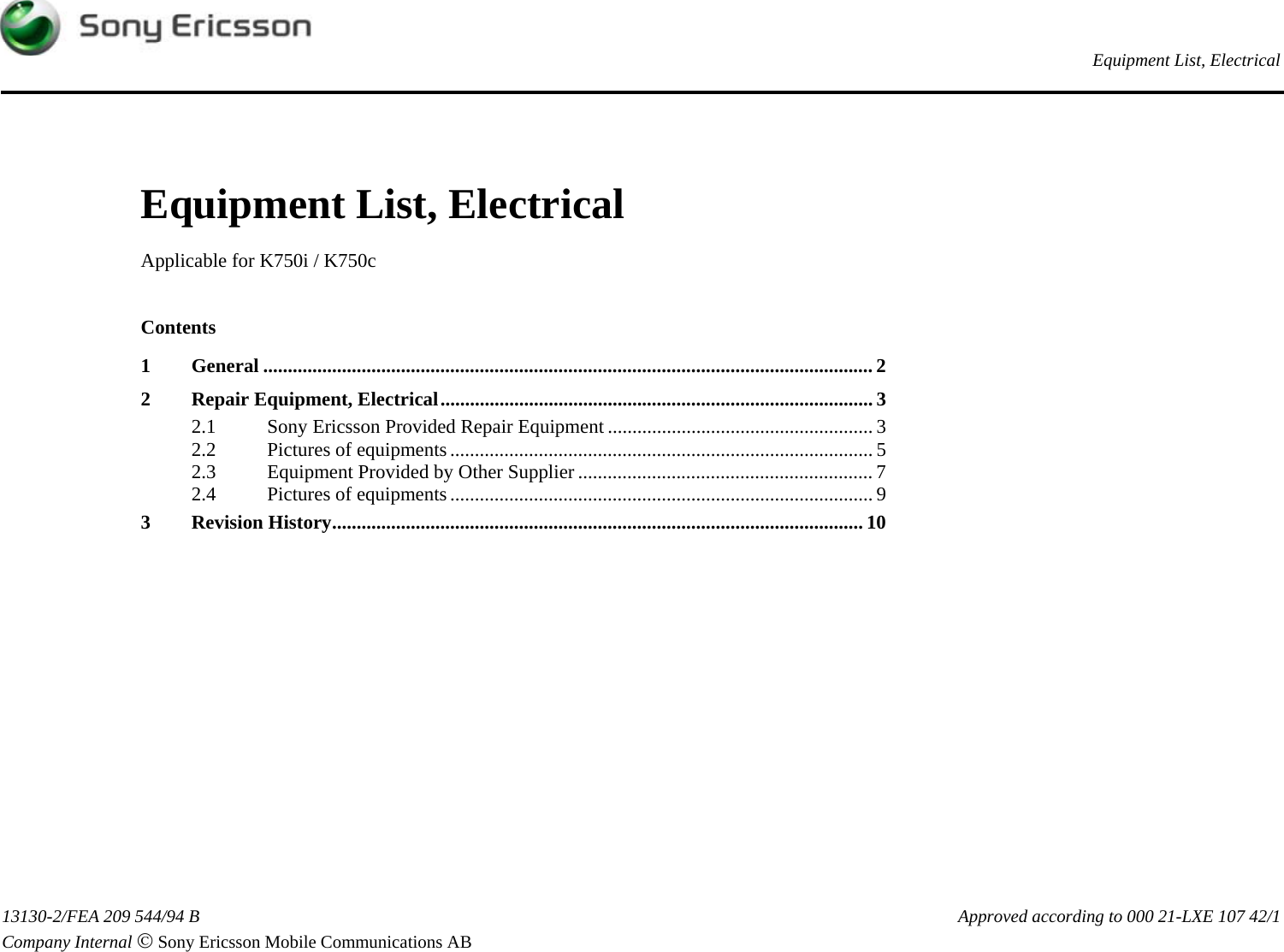 Page 1 of 11 - Sony Ericsson K750i, K750c - Equipment List, Electrical. Www.s-manuals.com. K750 Electrical