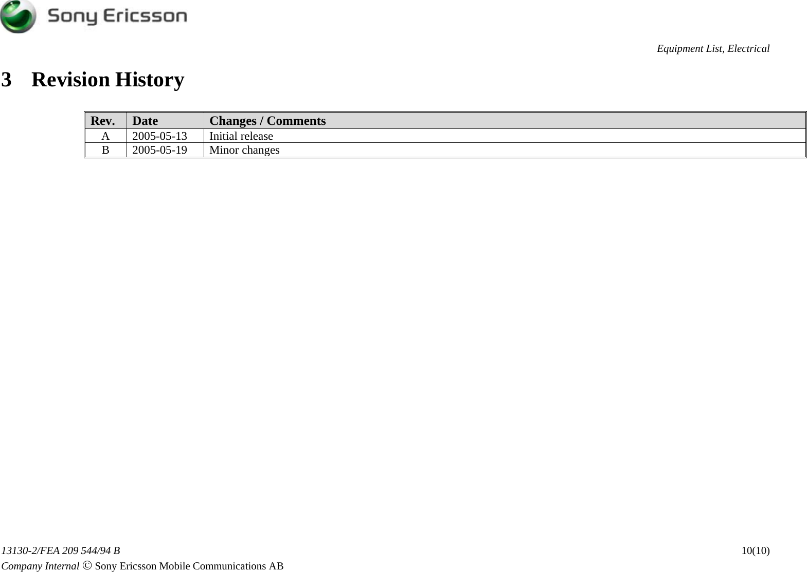 Page 10 of 11 - Sony Ericsson K750i, K750c - Equipment List, Electrical. Www.s-manuals.com. K750 Electrical