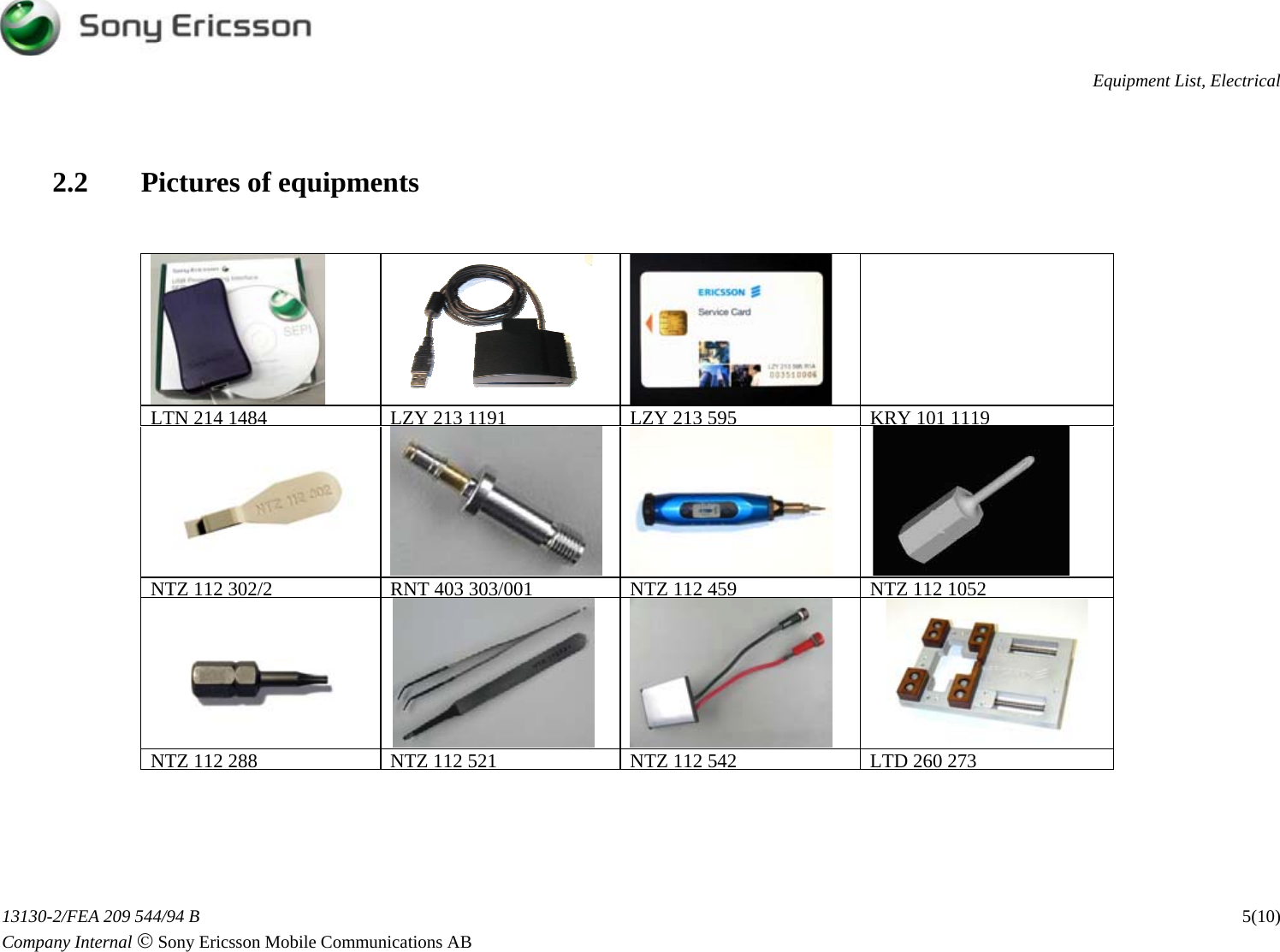 Page 5 of 11 - Sony Ericsson K750i, K750c - Equipment List, Electrical. Www.s-manuals.com. K750 Electrical