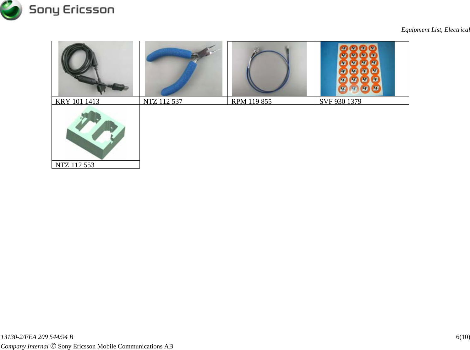 Page 6 of 11 - Sony Ericsson K750i, K750c - Equipment List, Electrical. Www.s-manuals.com. K750 Electrical