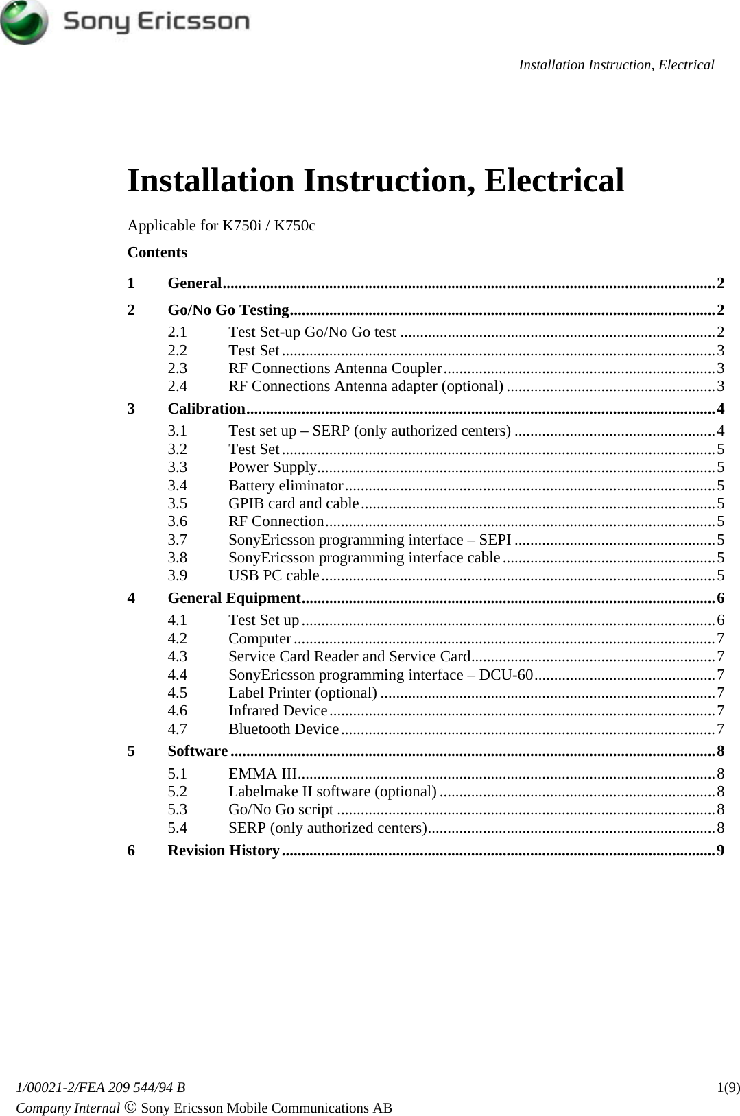 Page 1 of 10 - Sony Ericsson K750i, K750c - Installation Instruction, Electrical. Www.s-manuals.com. K750 Electrical