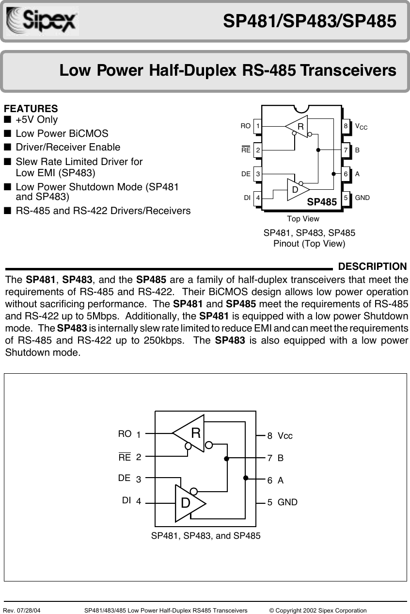 Page 1 of 11 - SP481, SP483, SP485 - Datasheet. Www.s-manuals.com. 20040728 Sipex