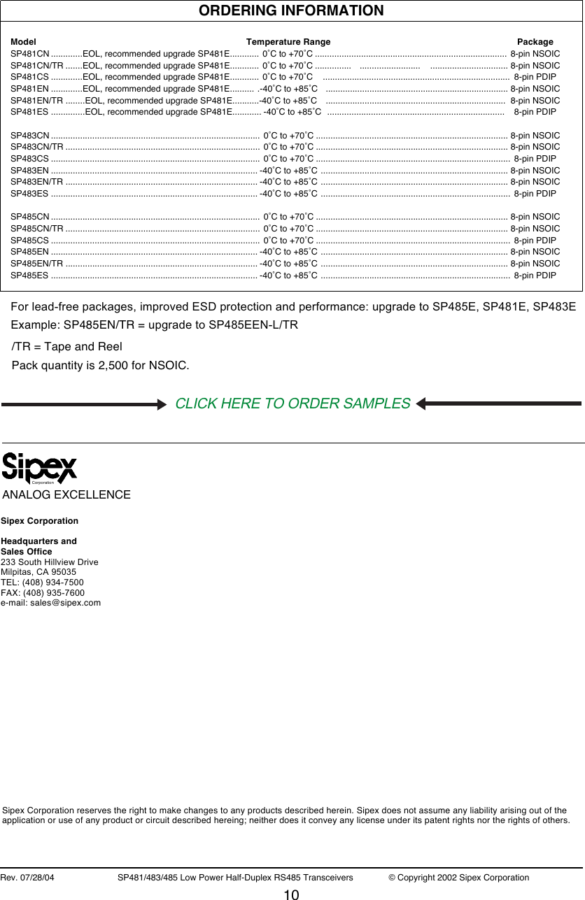 Page 10 of 11 - SP481, SP483, SP485 - Datasheet. Www.s-manuals.com. 20040728 Sipex