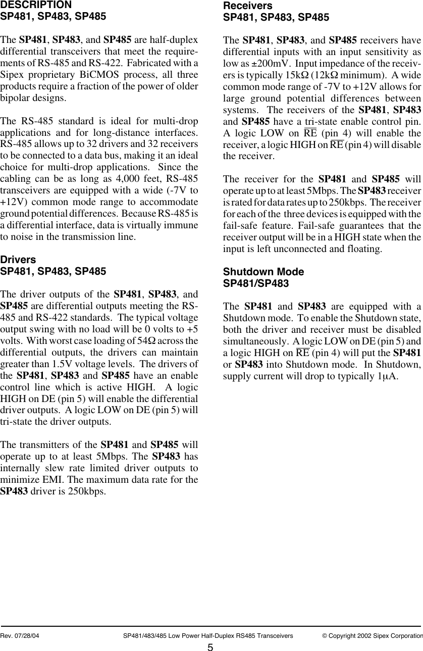 Page 5 of 11 - SP481, SP483, SP485 - Datasheet. Www.s-manuals.com. 20040728 Sipex
