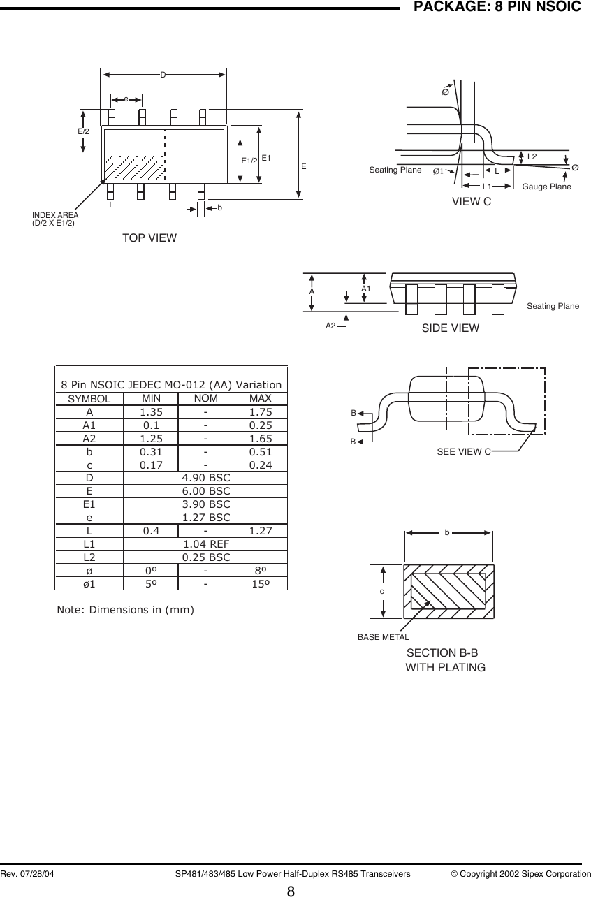 Page 8 of 11 - SP481, SP483, SP485 - Datasheet. Www.s-manuals.com. 20040728 Sipex