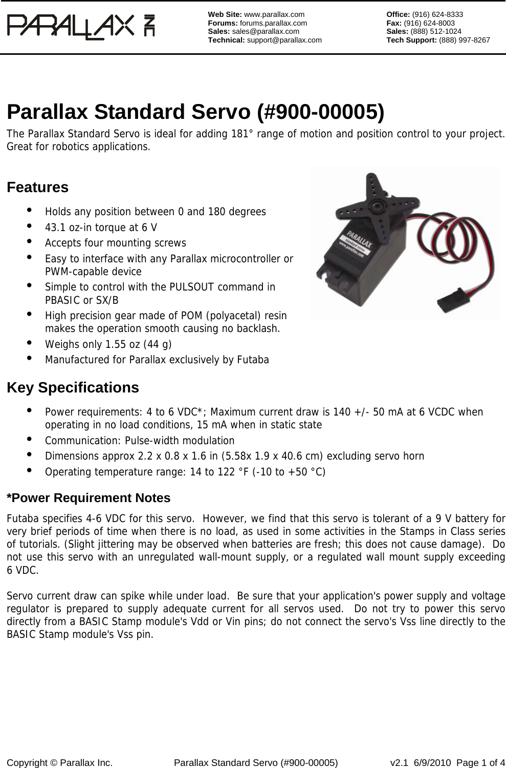 Page 1 of 4 - Parallax Standard Servo (#900-00005) Rotation Motor Manual V2.1