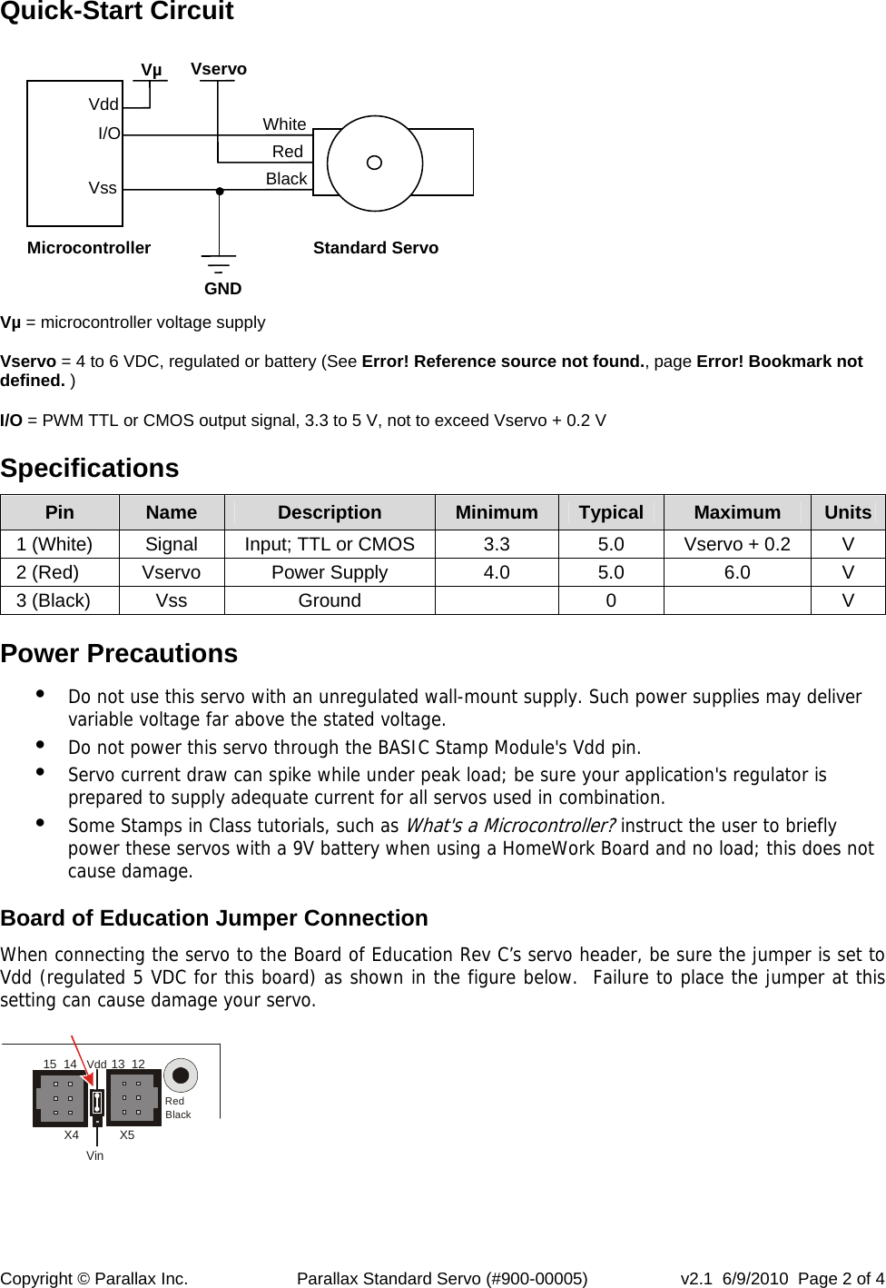 Page 2 of 4 - Parallax Standard Servo (#900-00005) Rotation Motor Manual V2.1