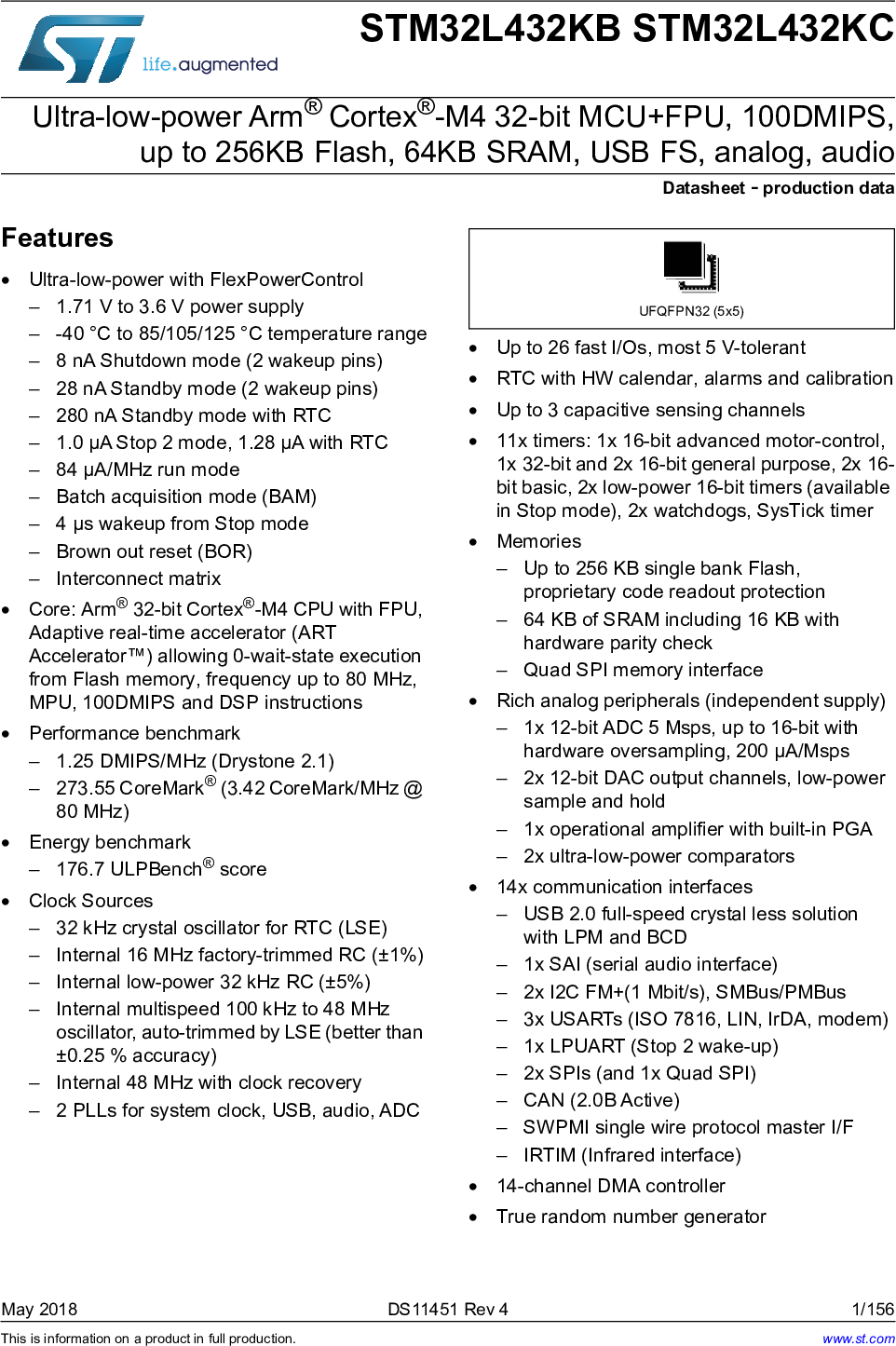 Datasheet STM32L432KB STM32L432KC Ultra low power Arm® Cortex® M4 32
