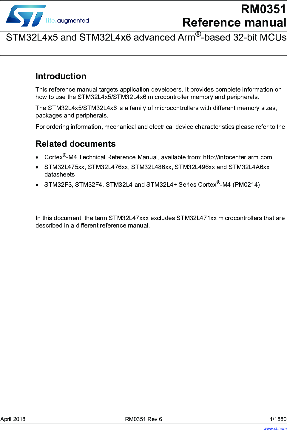 Stm32l4x5 And Stm32l4x6 Advanced Arm Based 32 Bit Mcus Reference Manual Stm32l496zet6