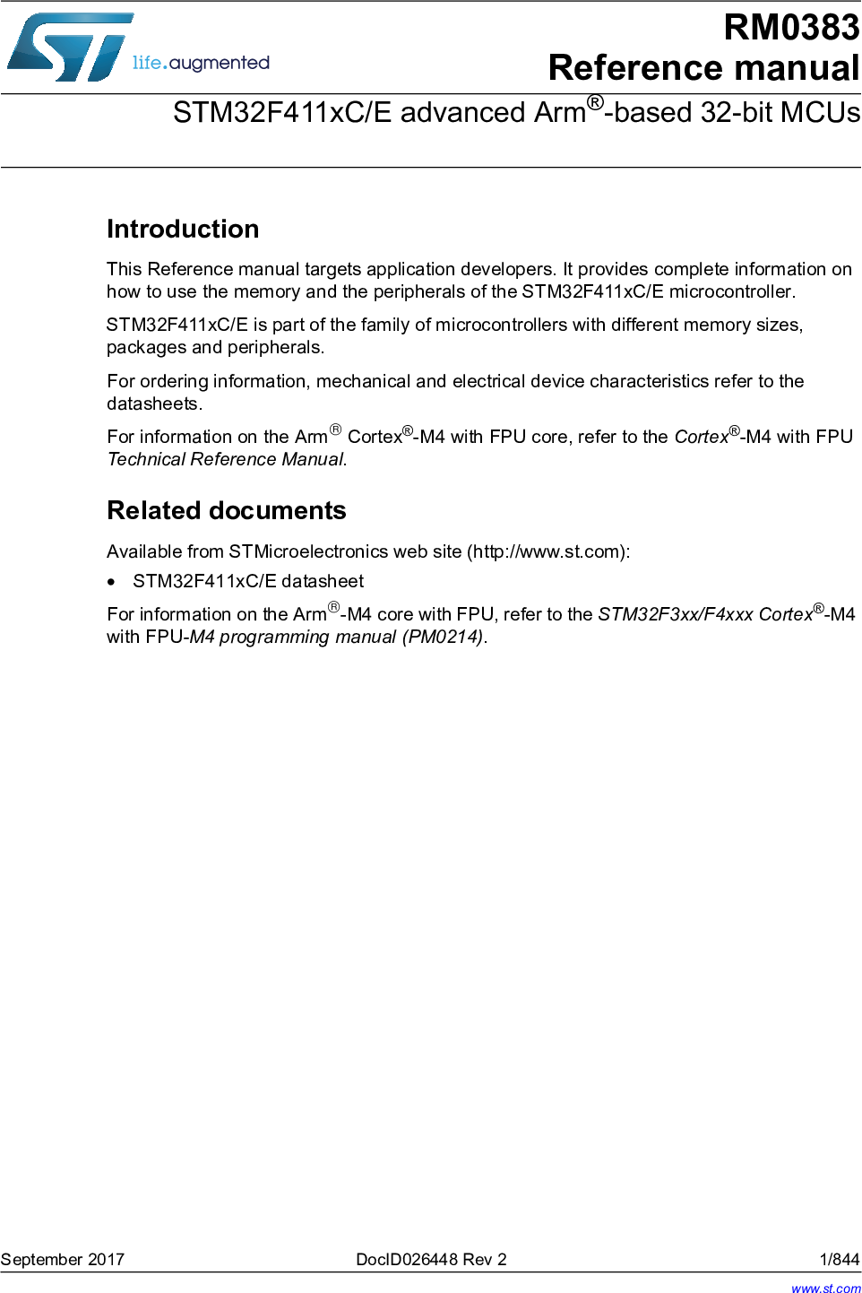 Stm32f411xc E Advanced Arm Based 32 Bit Mcus Stm32 Reference Manual V2 Dm