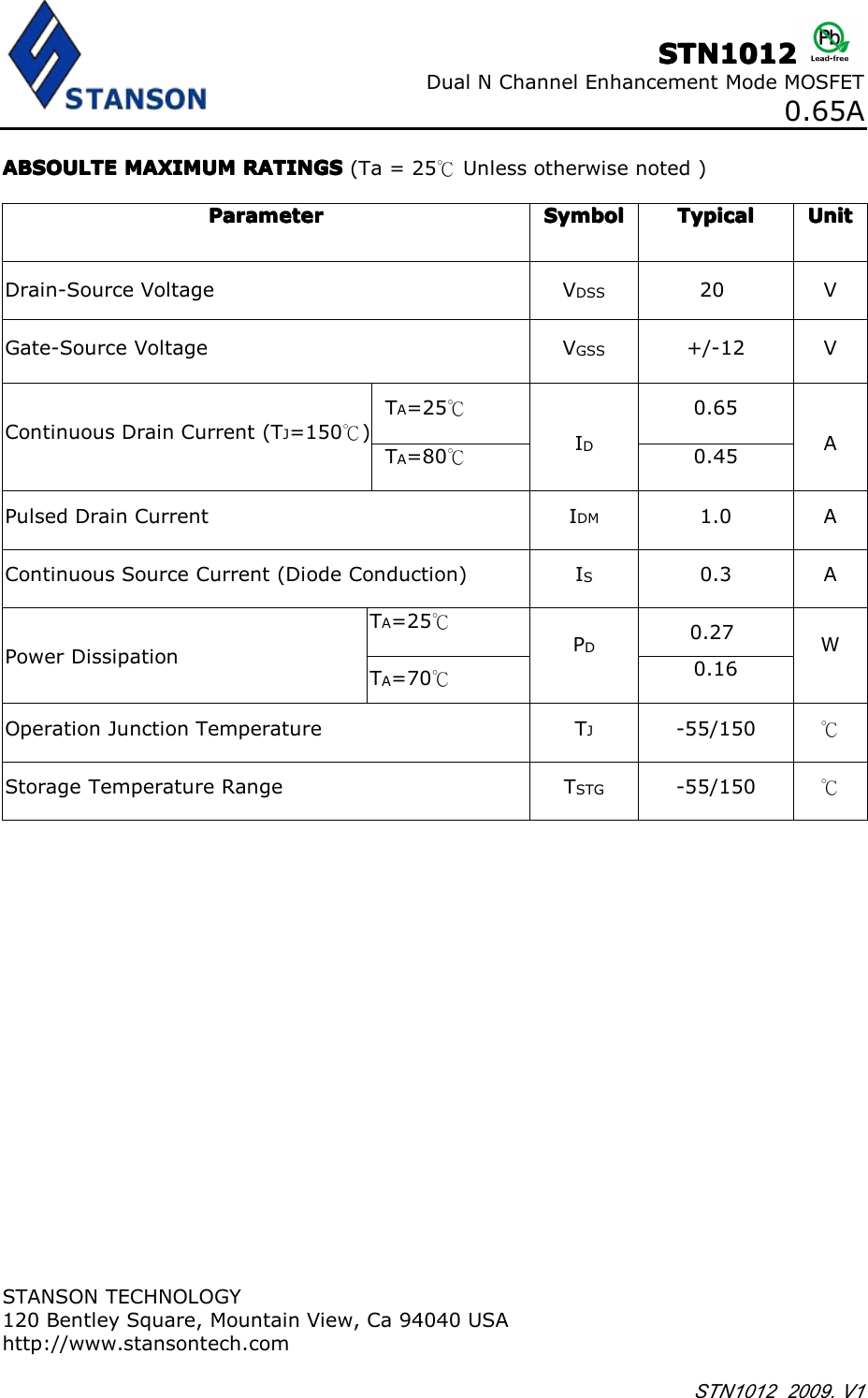 Page 2 of 7 - STN1012 - Datasheet. Www.s-manuals.com. Stanson