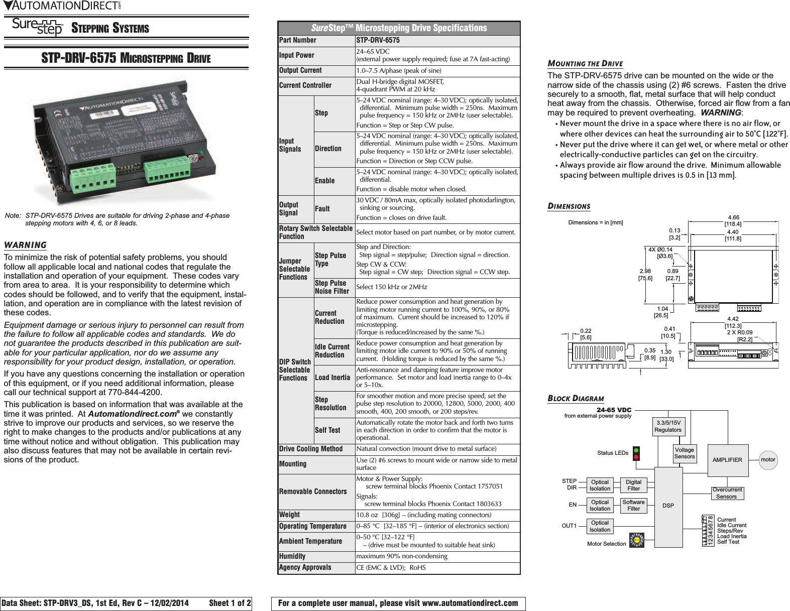 Page 1 of 2 - STP-DRV3_DS STP-DRV-6575 Microstepping Drive Data Sheet Surestepdrive3 Datasheet