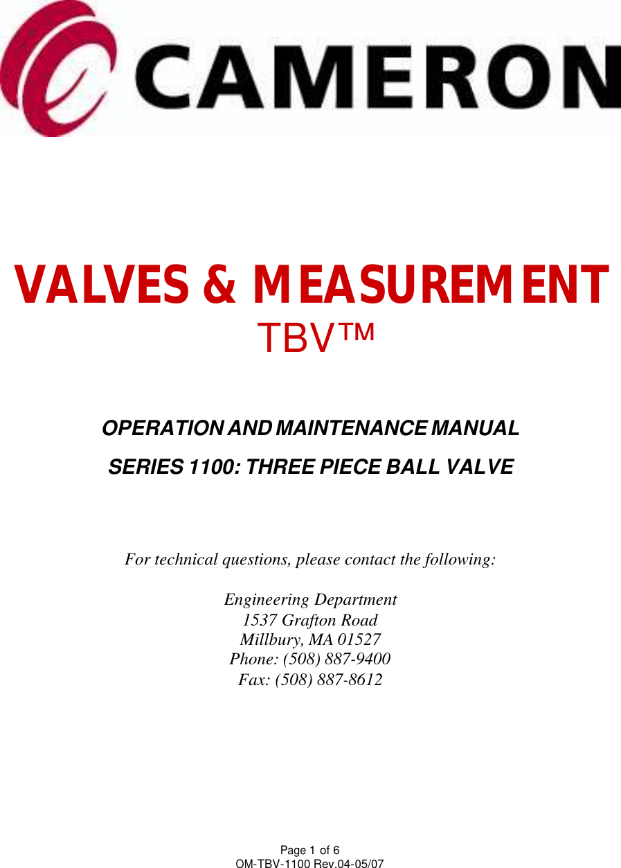 Page 1 of 6 - TBV Series 1100 Three-Piece Ball Valve IOM Tbv-series-1100-three-piece-ball-valve-iom