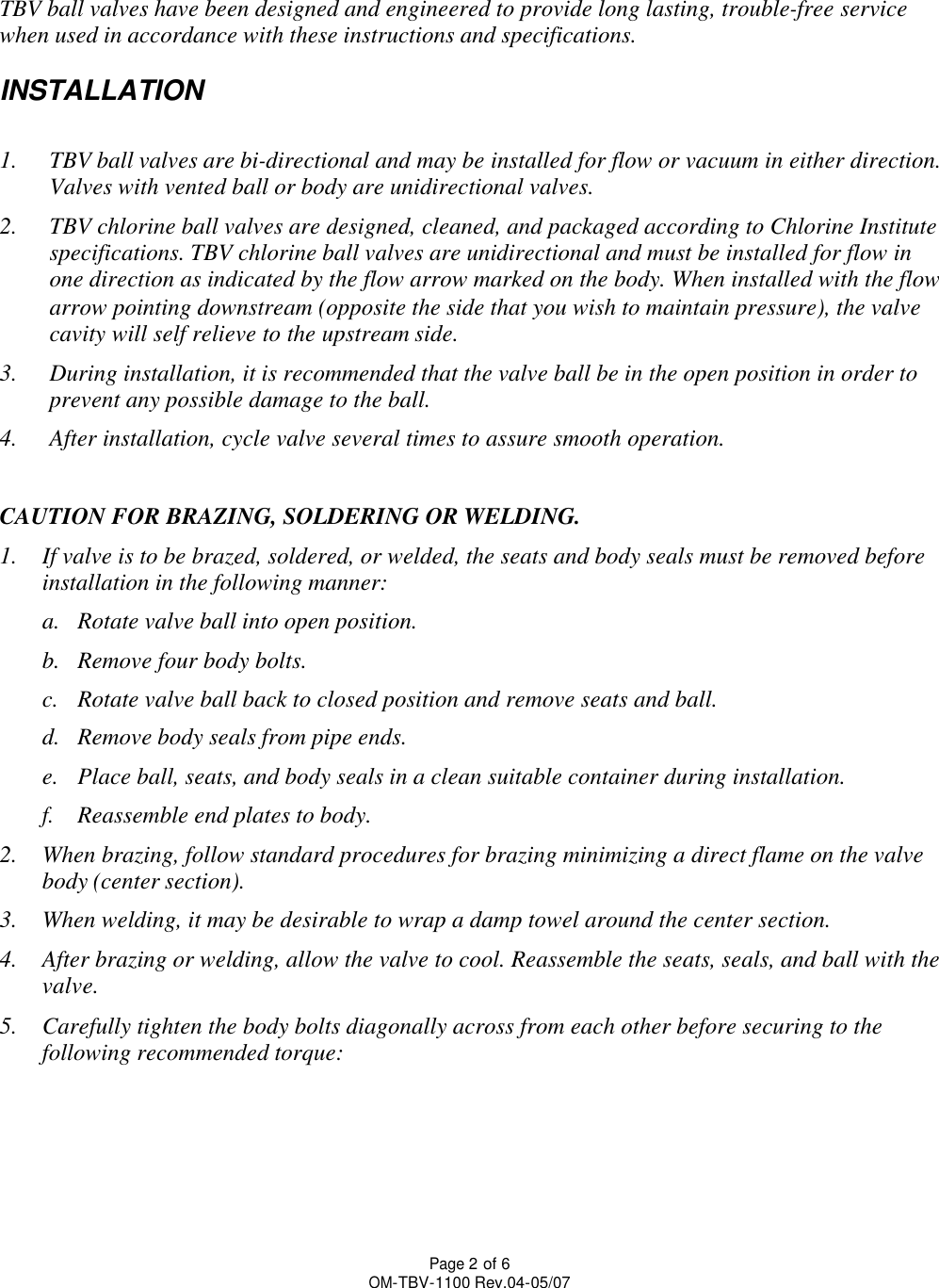 Page 2 of 6 - TBV Series 1100 Three-Piece Ball Valve IOM Tbv-series-1100-three-piece-ball-valve-iom