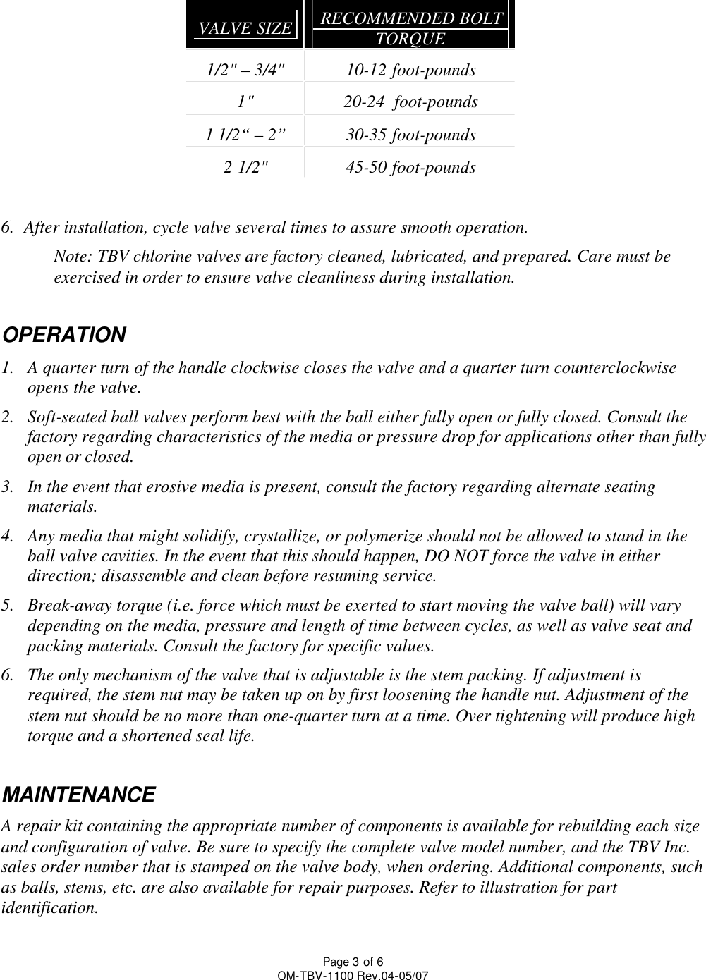 Page 3 of 6 - TBV Series 1100 Three-Piece Ball Valve IOM Tbv-series-1100-three-piece-ball-valve-iom