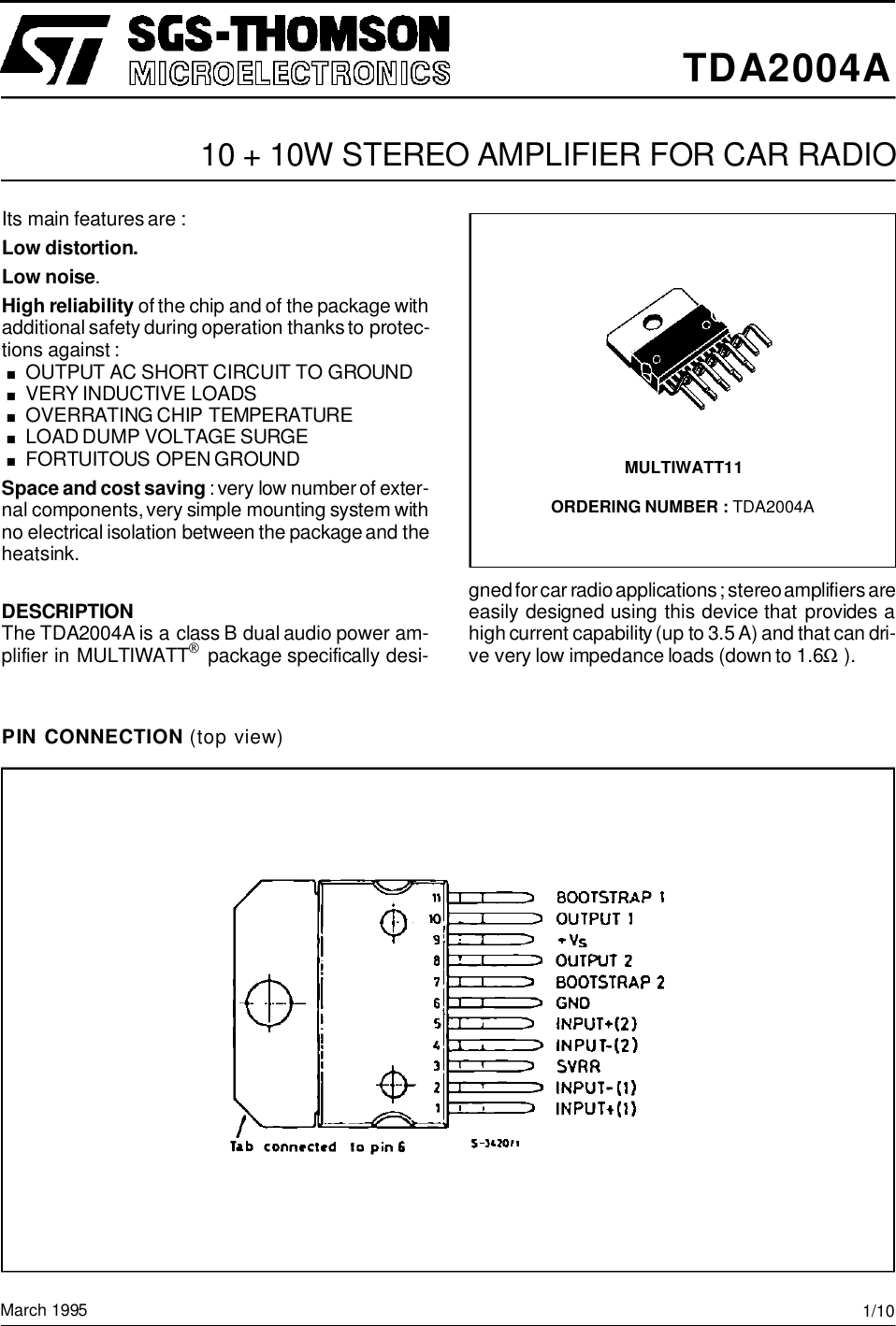 Page 1 of 11 - TDA2004A - Datasheet. Www.s-manuals.com. St