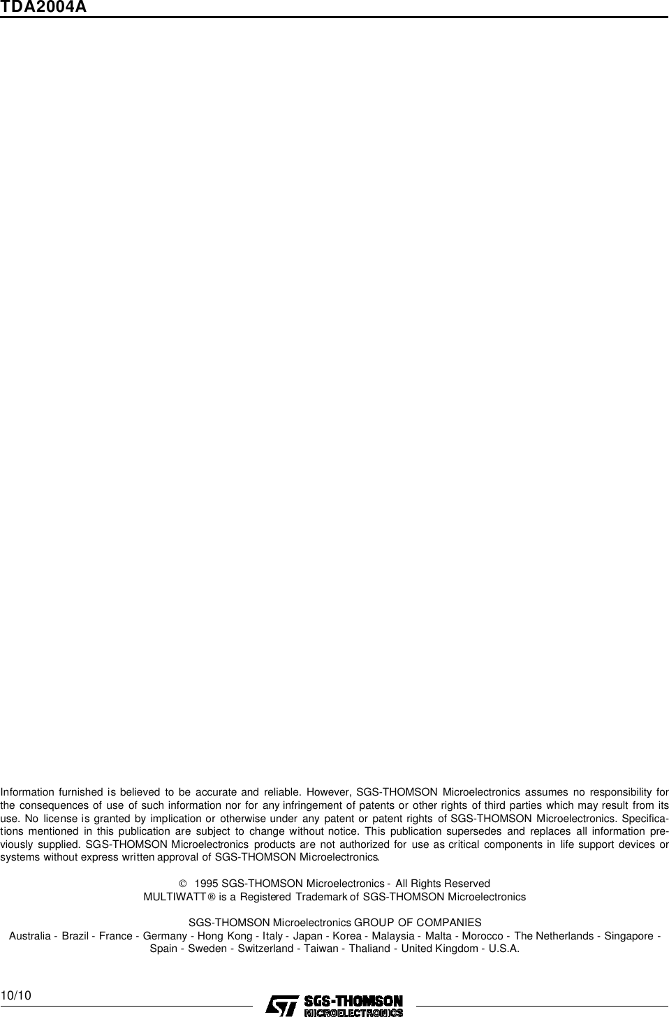 Page 10 of 11 - TDA2004A - Datasheet. Www.s-manuals.com. St