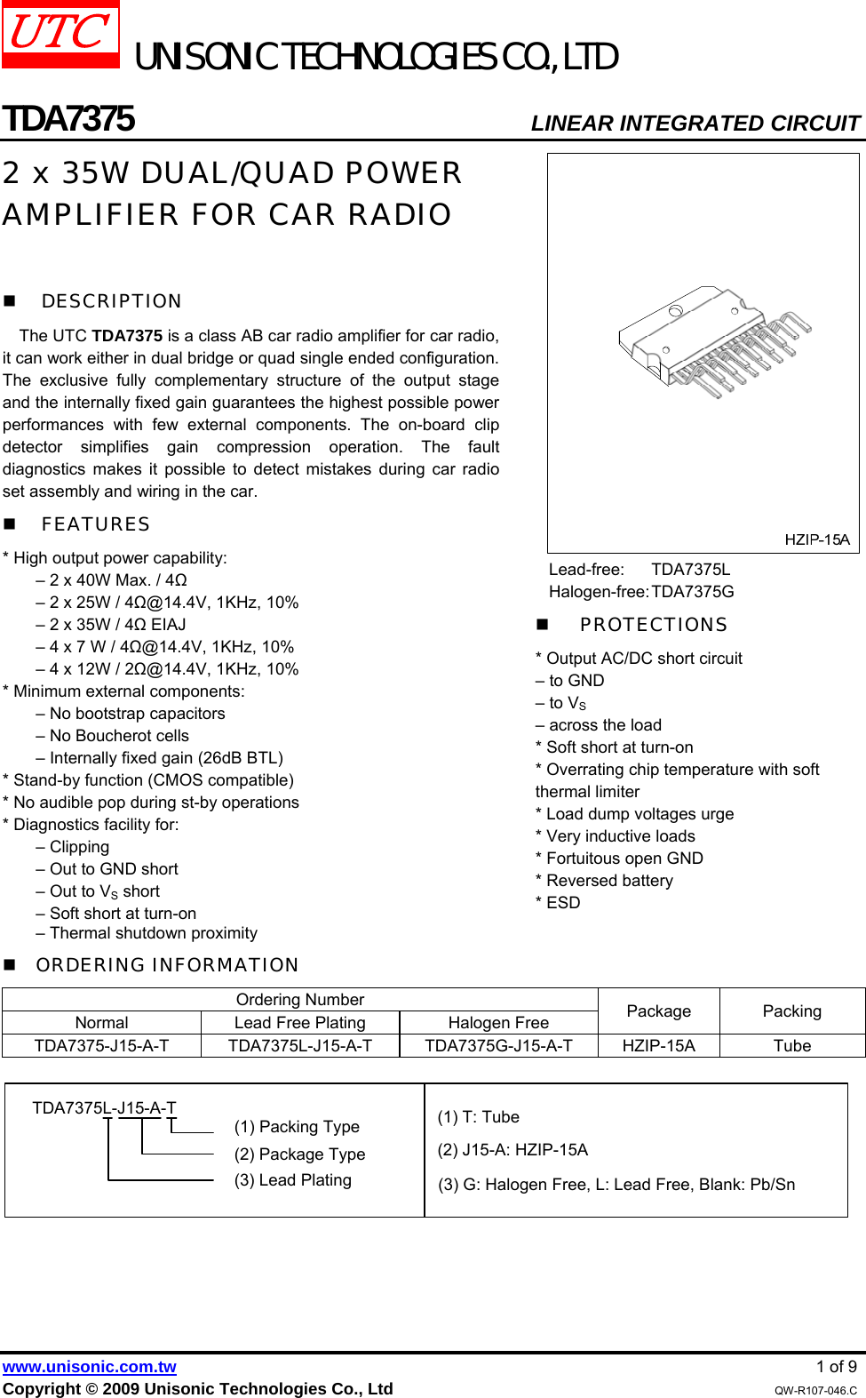 Page 1 of 10 - TDA7375 - Datasheet. Www.s-manuals.com. Utc