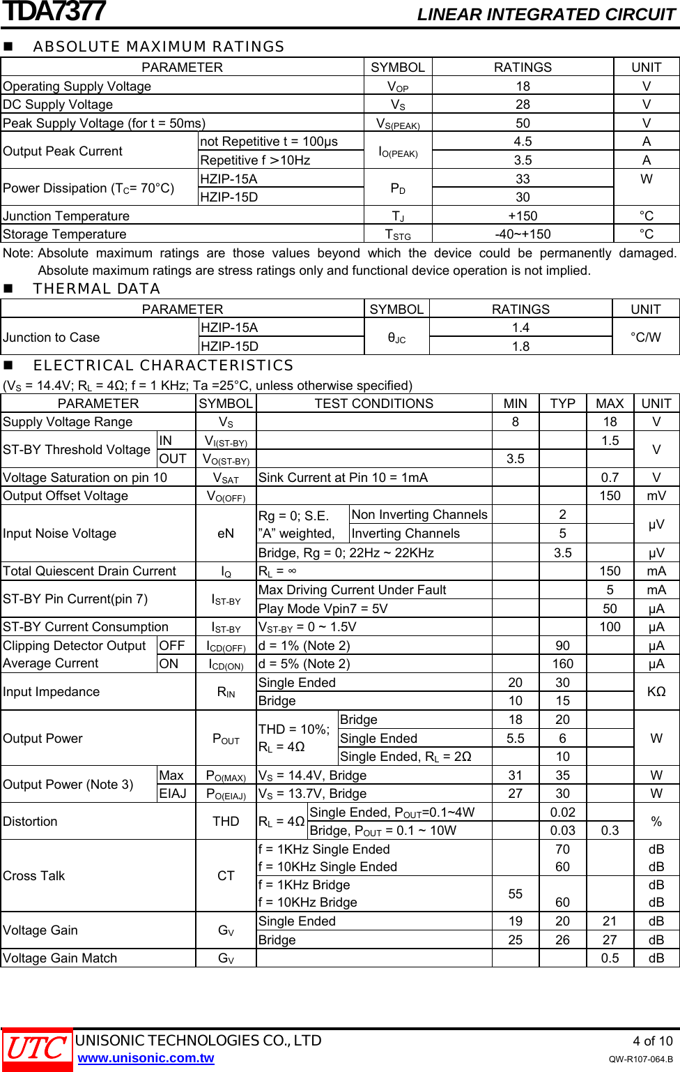 Page 4 of 11 - TDA7377 - Datasheet. Www.s-manuals.com. Utc