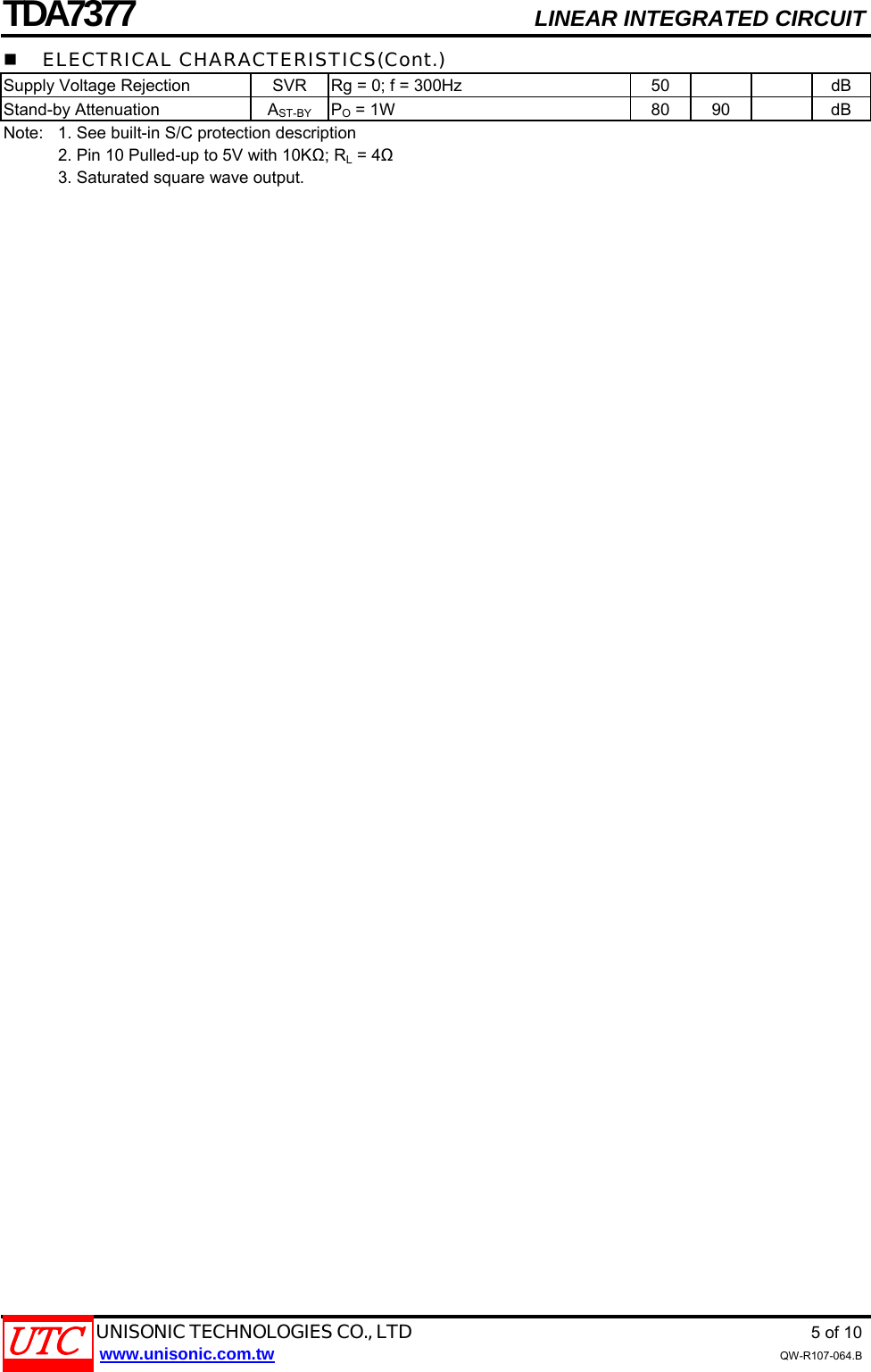 Page 5 of 11 - TDA7377 - Datasheet. Www.s-manuals.com. Utc