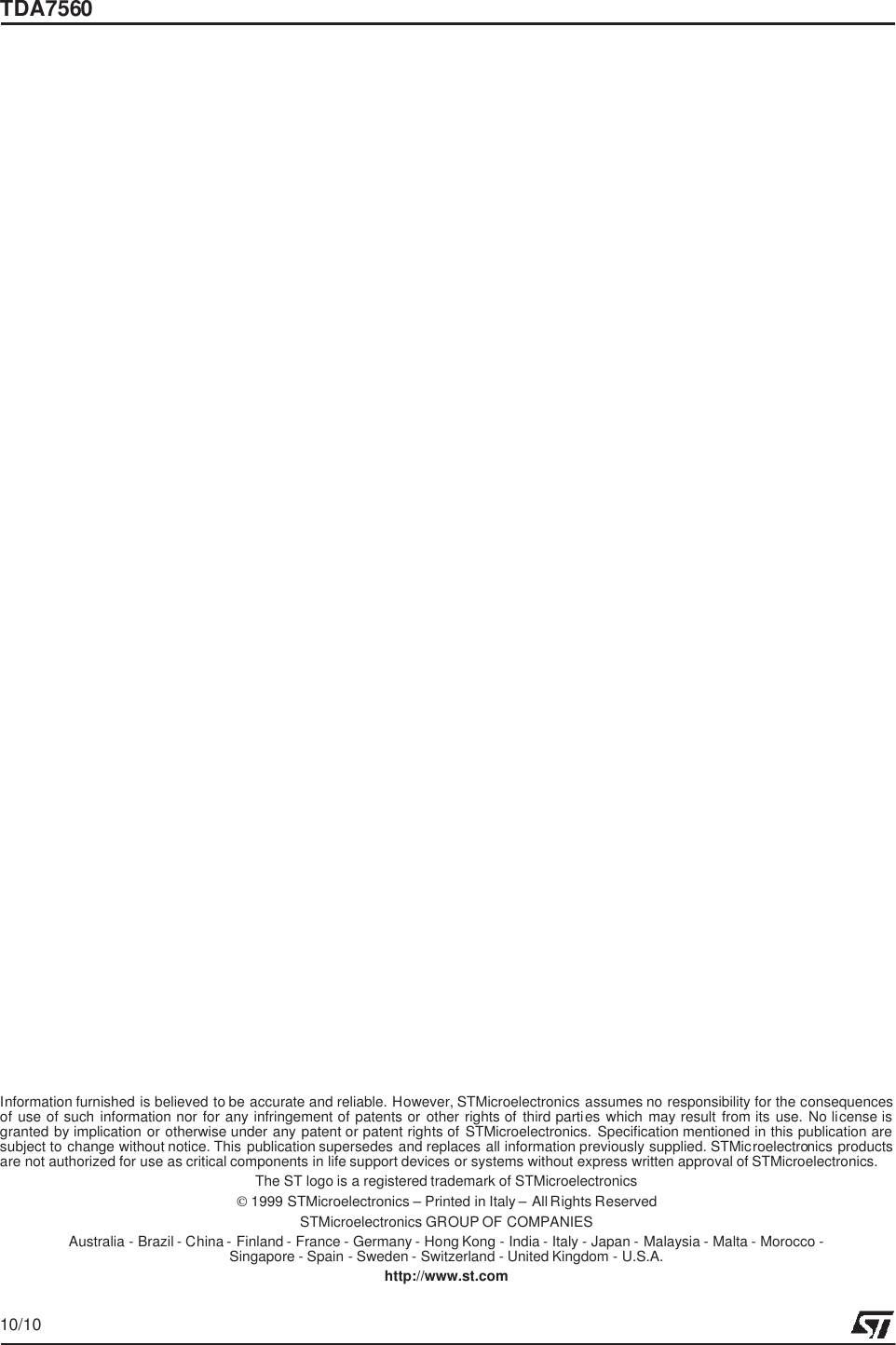 Page 10 of 11 - TDA7560 - Datasheet. Www.s-manuals.com. St