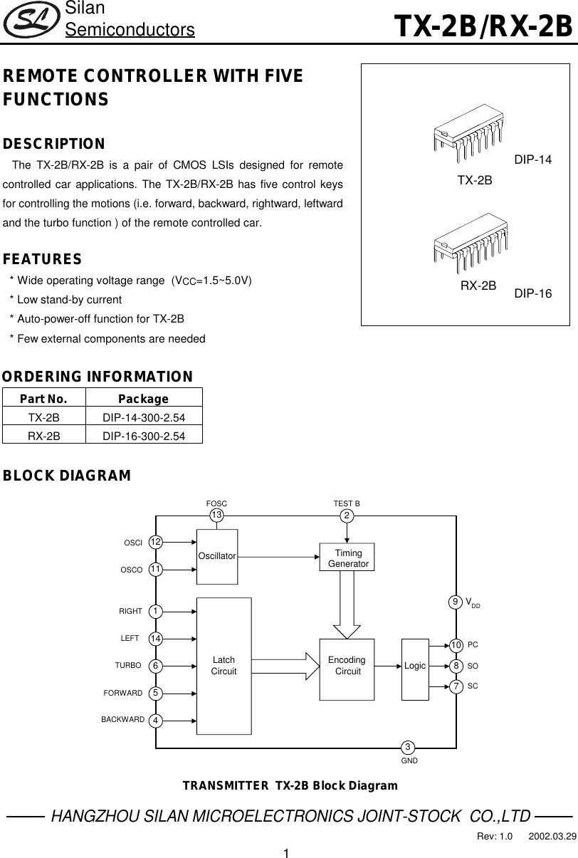 TX 2B, RX 2B Datasheet. Www.s R1.0 Silan