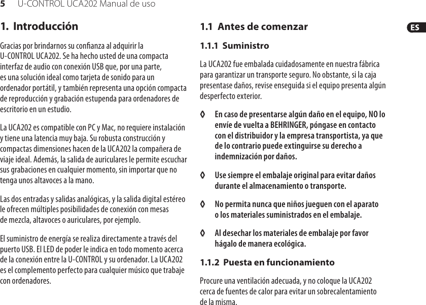 Page 5 of 12 - UCA202_P0484_M_ES Behringer UCA202 User Manual (Spanish) P0484 M Es