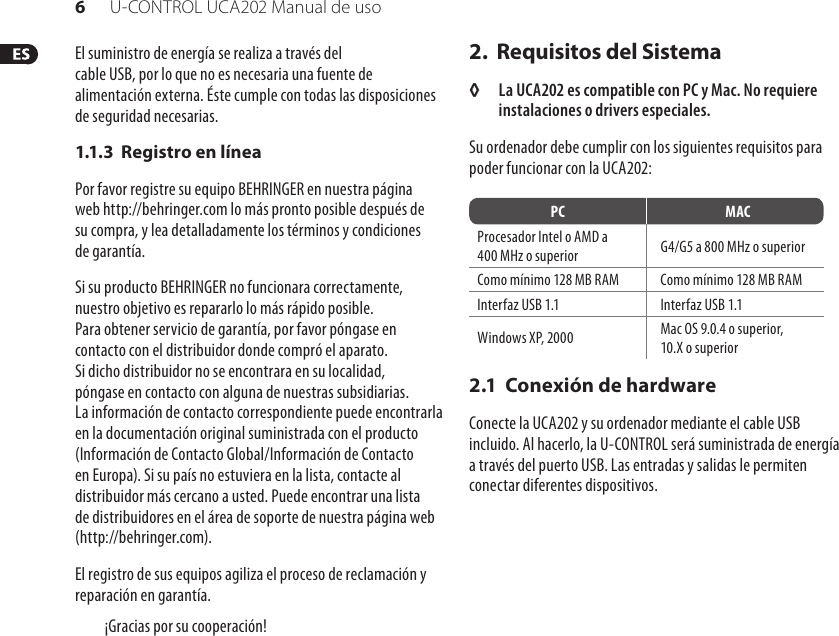 Page 6 of 12 - UCA202_P0484_M_ES Behringer UCA202 User Manual (Spanish) P0484 M Es