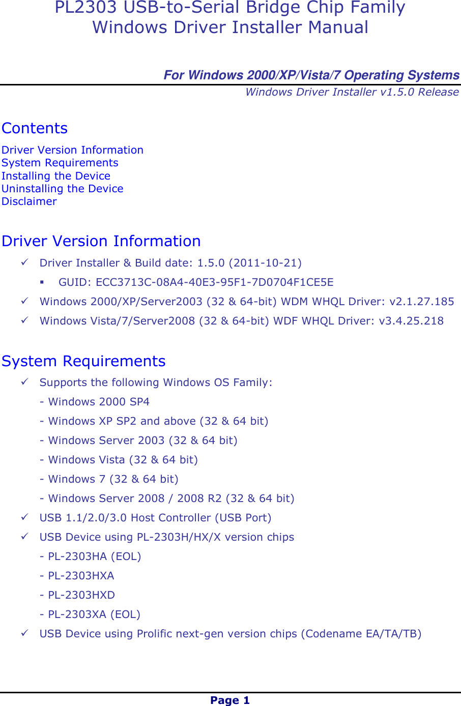 Page 1 of 8 - PL-2303 Driver Installer Manual Um Pl2303 V1.5.0