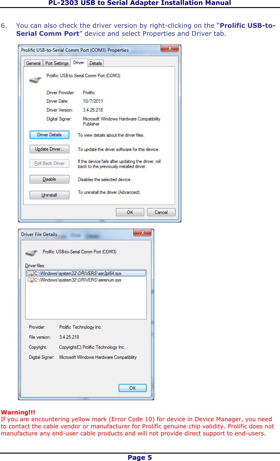 Page 5 of 8 - PL-2303 Driver Installer Manual Um Pl2303 V1.5.0